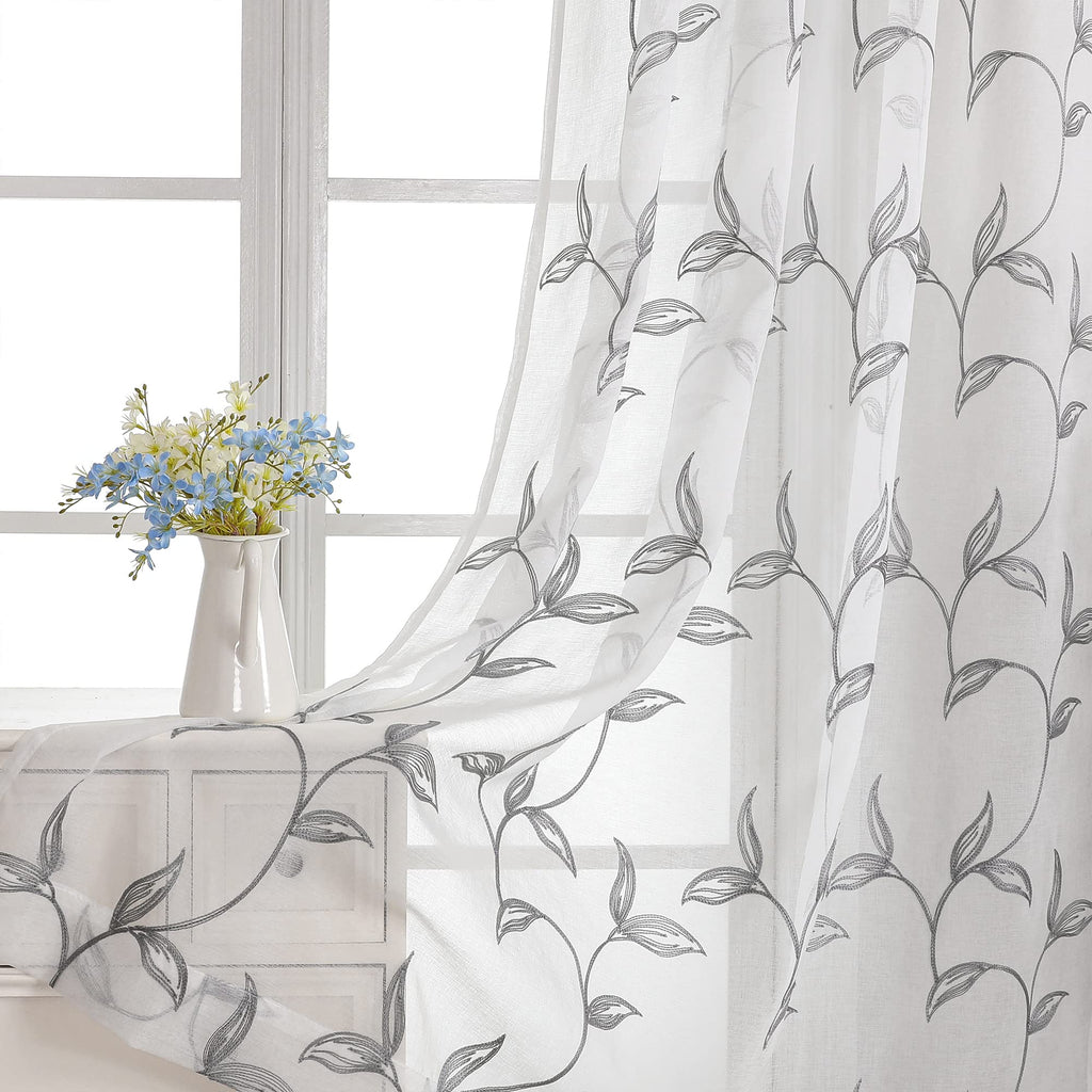 VISIONTEX 2 Panels Sheer Curtains 84 Inches Long, Cream Beige Floral Leaf Embroidered Semi Sheer Voile Curtains, Rod Pocket Light Filtering Window Drapes for Bedroom Living Room 54W x 84L