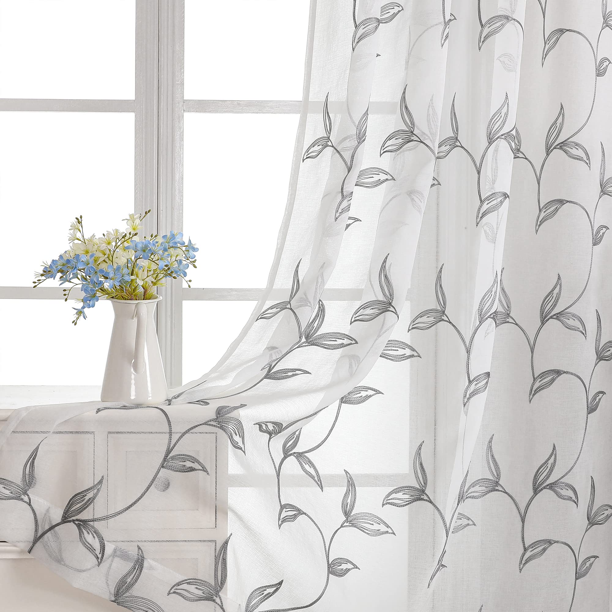VISIONTEX 2 Panels Sheer Curtains 84 Inches Long, Cream Beige Floral Leaf Embroidered Semi Sheer Voile Curtains, Rod Pocket Light Filtering Window Drapes for Bedroom Living Room 54W x 84L