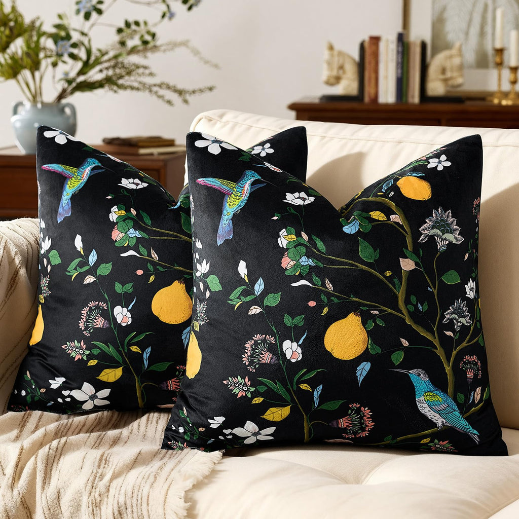 Mustard Yellow Floral Pillow Covers 18x18 Set of 2, Velvet Wild Flower Plant Throw Pillows Case, Square Farmhouse Decor Cushion Covers for Home Sofa Bed Couch