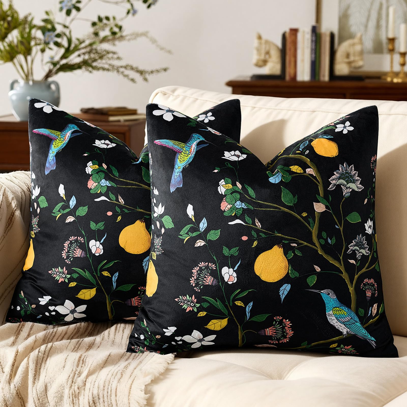 Mustard Yellow Floral Pillow Covers 18x18 Set of 2, Velvet Wild Flower Plant Throw Pillows Case, Square Farmhouse Decor Cushion Covers for Home Sofa Bed Couch