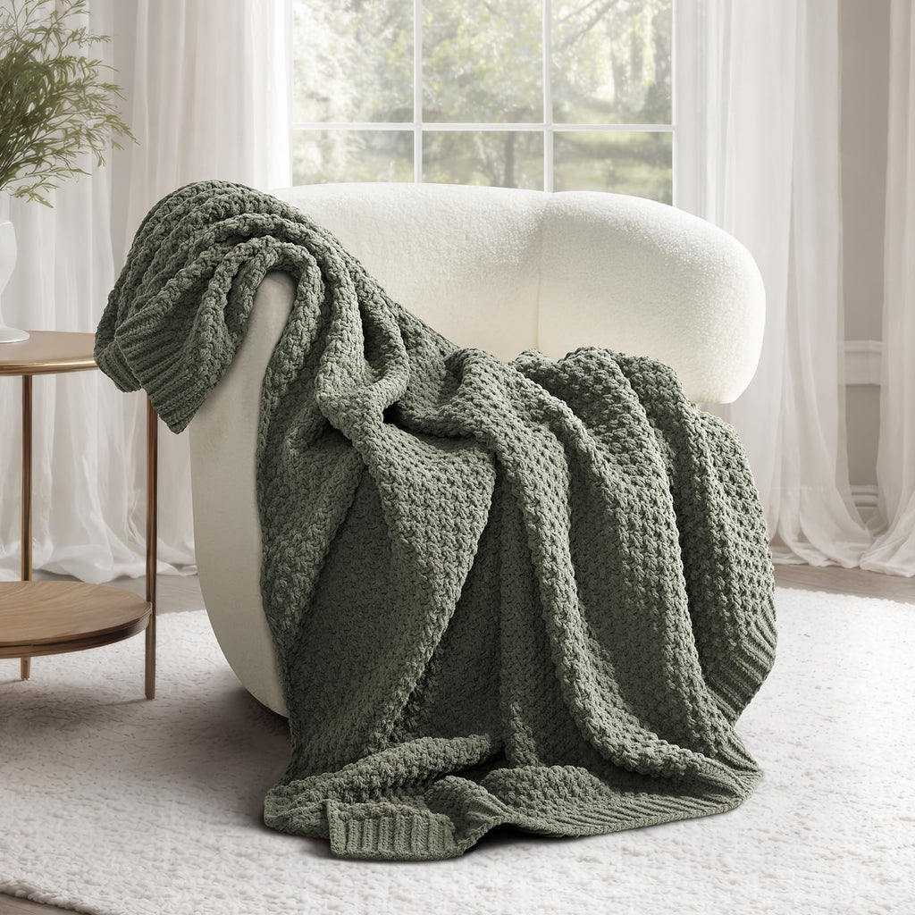 EVERGRACEHOME Chunky Chenille Knit Throw Blanket for Couch, Soft Luxurious Moss Stitch Blankets for Bed, Cozy Decorative Farmhouse Knitted Throws for Sofa, Sand Dune, 60" x 80"