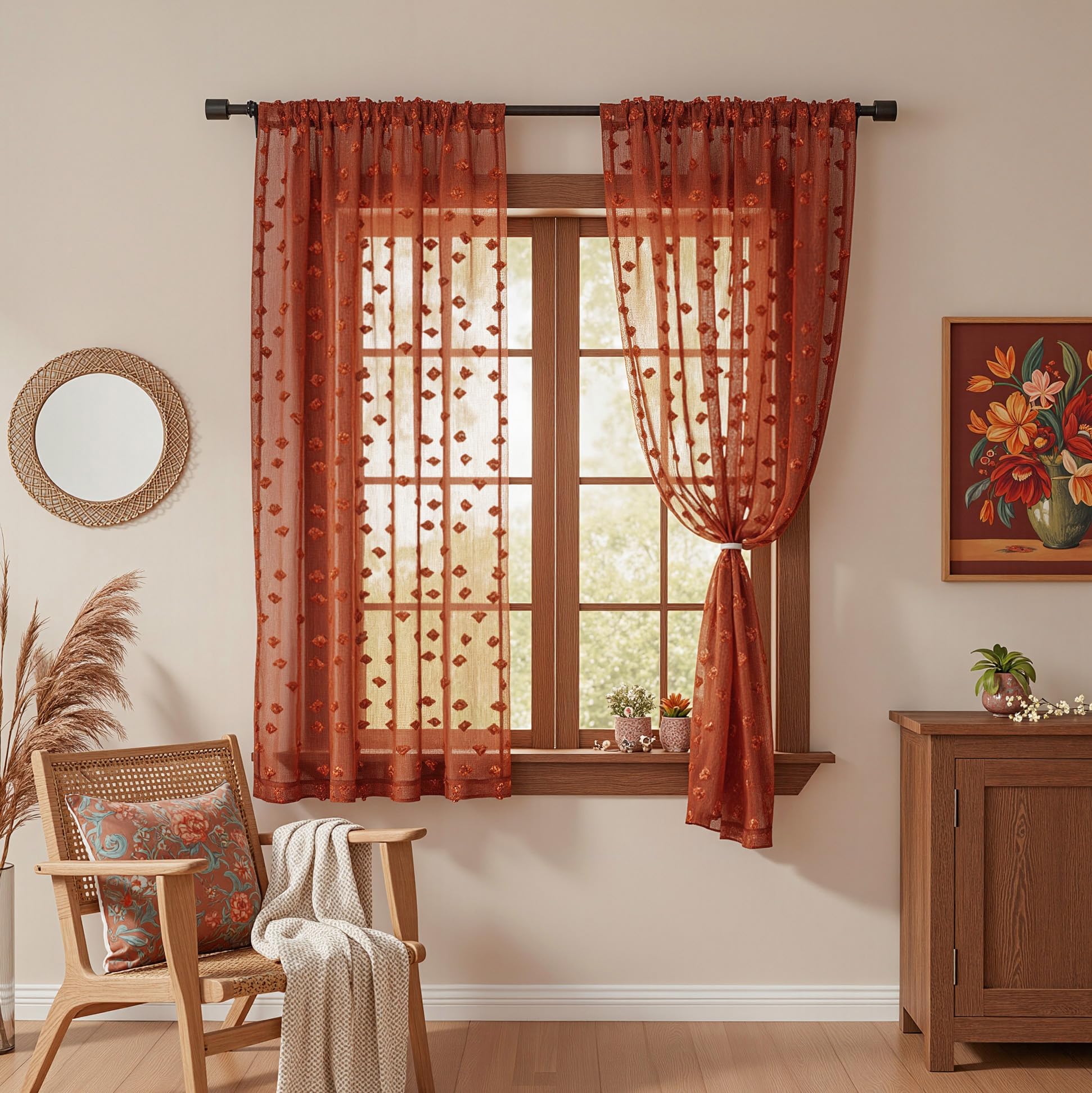 2 Panels 52"W x 84"L Dusty Rose Pom Pom Sheer Curtains Rod Pocket Light Filtering Boho Window Drapes for Girls Bedroom Nursery Kids Room