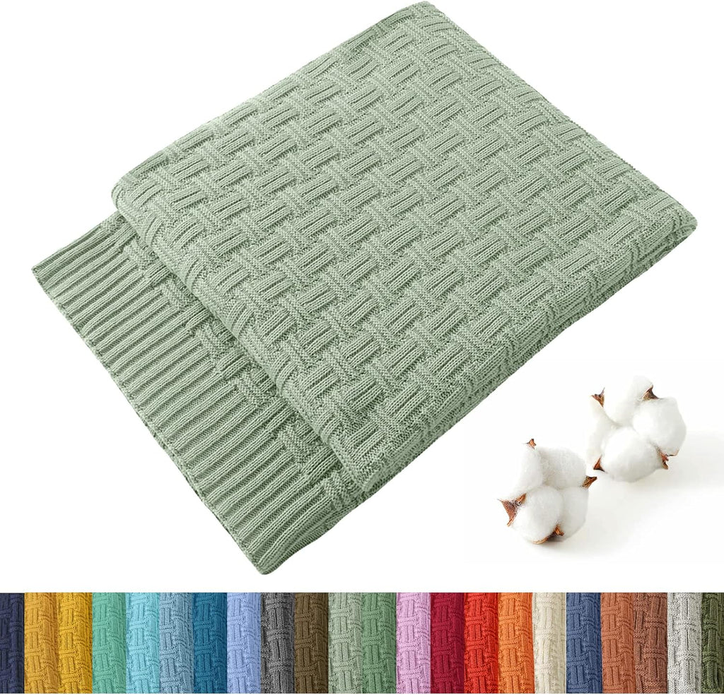 TREELY 100% Cotton Knitted Throw Blanket Couch Cover Blanket(60 x 80 Inches, Light Sage Green)