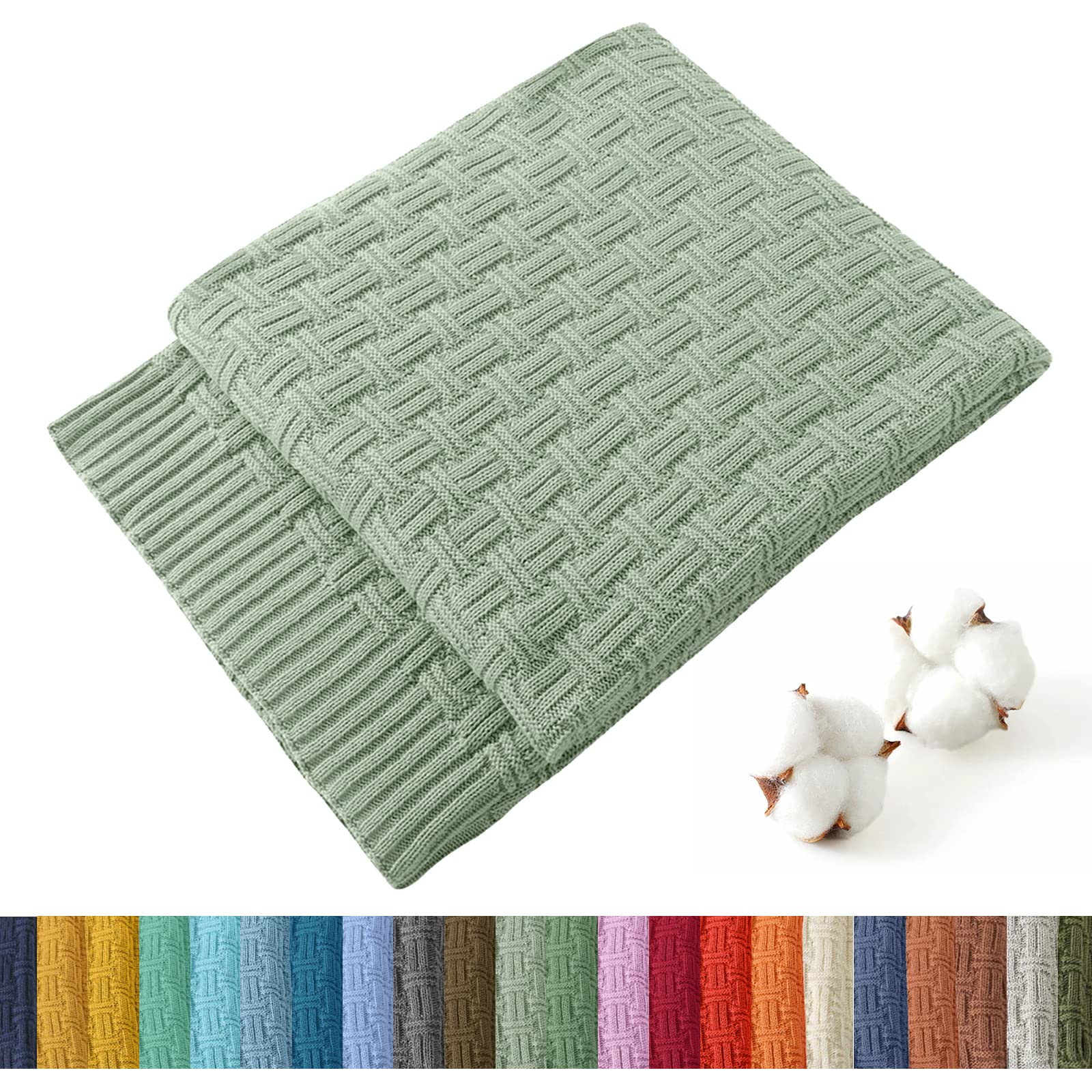 TREELY 100% Cotton Knitted Throw Blanket Couch Cover Blanket(60 x 80 Inches, Light Sage Green)