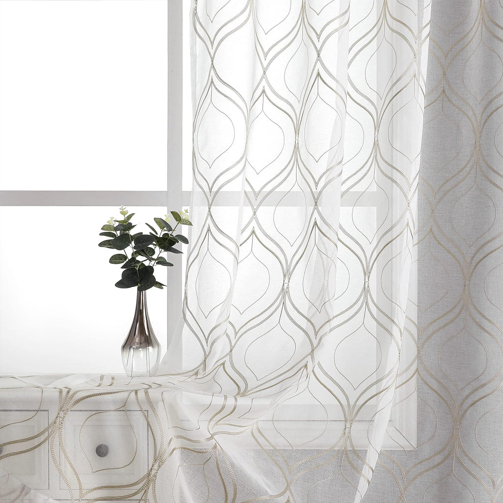 VISIONTEX White Sheer Curtains 84 Inches Long 2 Panels, Light Filtering Grey Moroccan Trellis Embroidered Semi Sheer Voile Drapes, Rod Pocket Textured Window Curtain for Bedroom Living Room 54W x 84L
