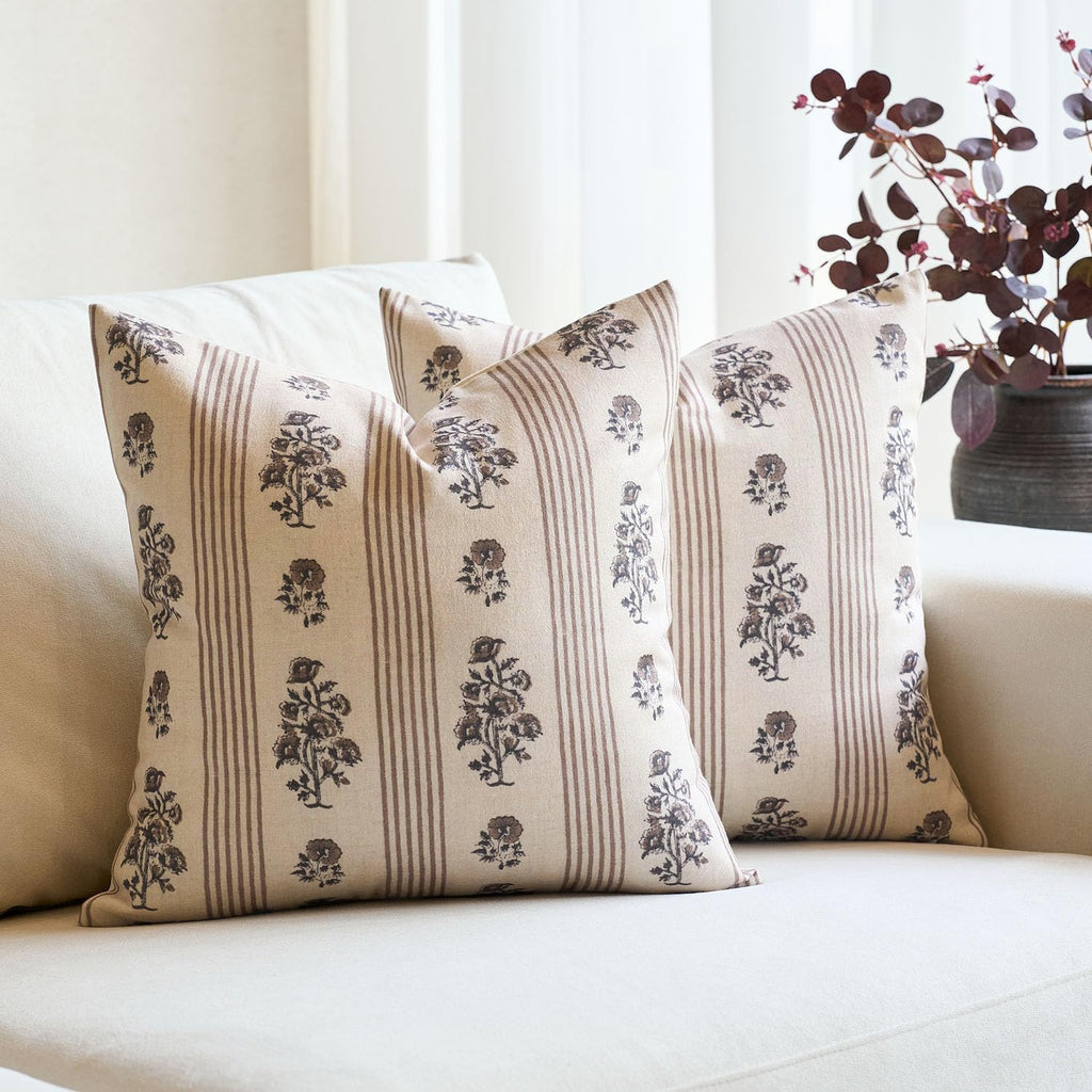 Amor Virisso Farmhouse Floral Throw Pillow Covers 18x18 Set of 2 Block Print Pillow Covers Neutral Boho Floral Striped Decorative Pillow Covers for Sofa Couch Bed, Brown