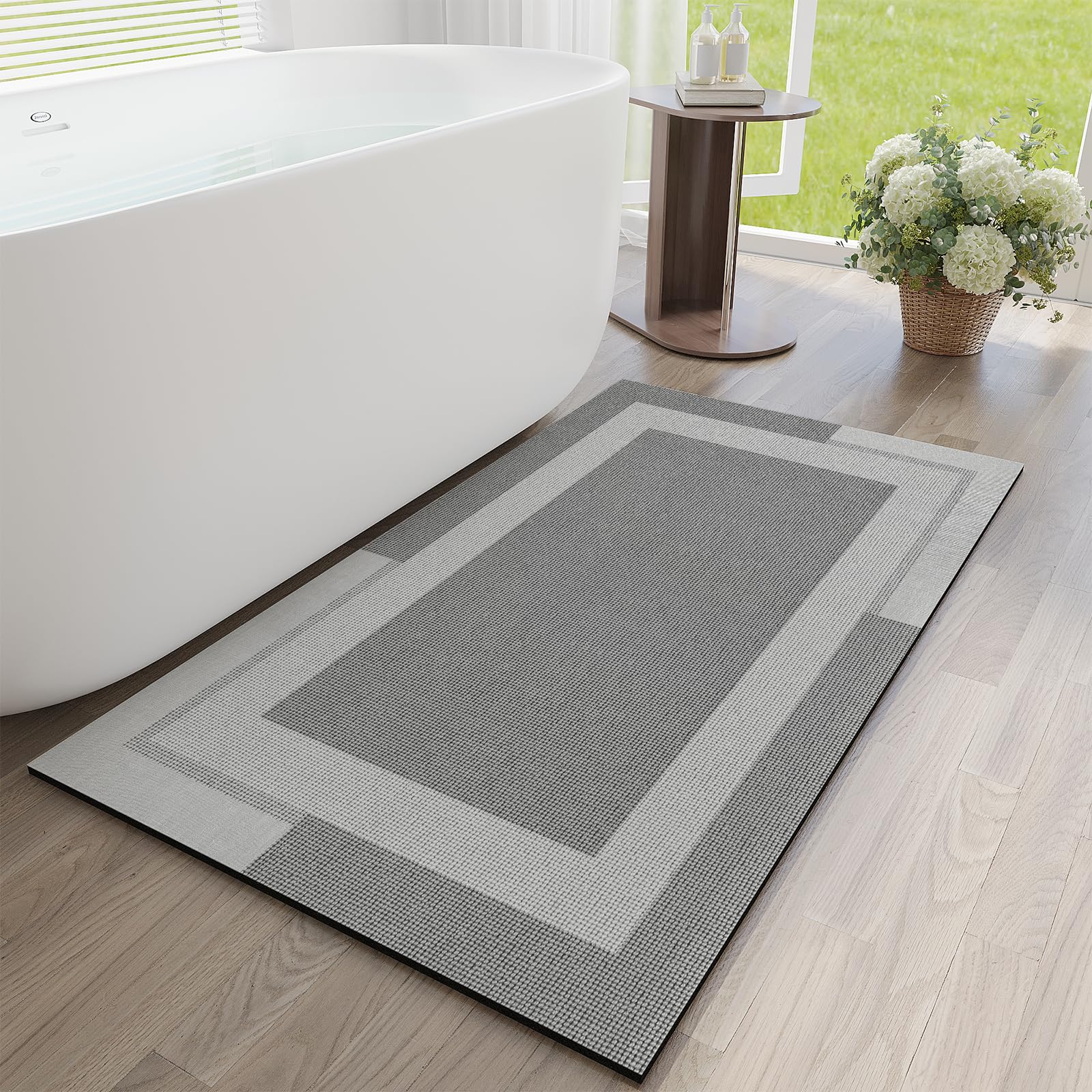 YDKGL Non Slip Bath Mat, Rubber Backing Ultra Thin Bathroom Rugs Fit Under Door Quick Dry Super Absorbent Washable Bath Rug Shower Mat for Bathroom Floor Bathtub Shower Sink, Easy Care Gray 16"x 24"