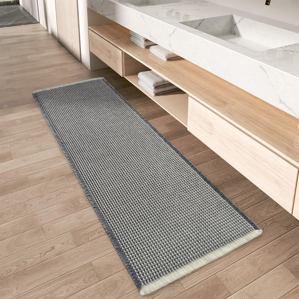 AMOAMI Upgraded Waffle Bath Mat, Super Absorbent Non Slip Bath Mats for Bathroom Floor, Machine Washable Bathroom Rugs with Tassels, Rubber Backed Bathroom Mats, Ultra Soft, 17" x 24", Brown