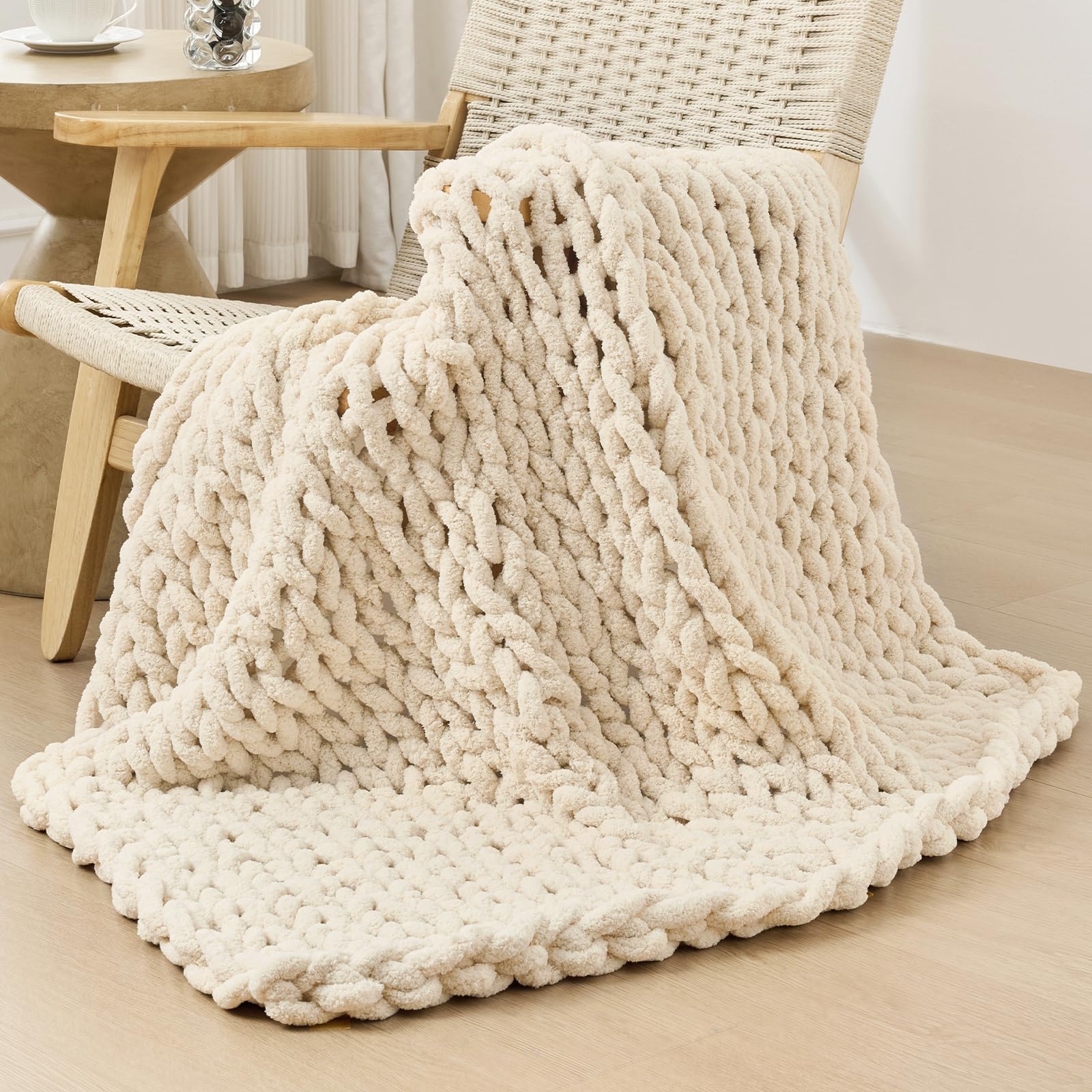 Bigacogo Chunky Knit Throw Blanket for Couch, 40x60 inches, 100% Hand Knitted with Thick Jumbo Chenille Yarn, Cozy Soft Large Rope Knot Cable Crochet Blankets for Sofa Bed Living Room, Beige
