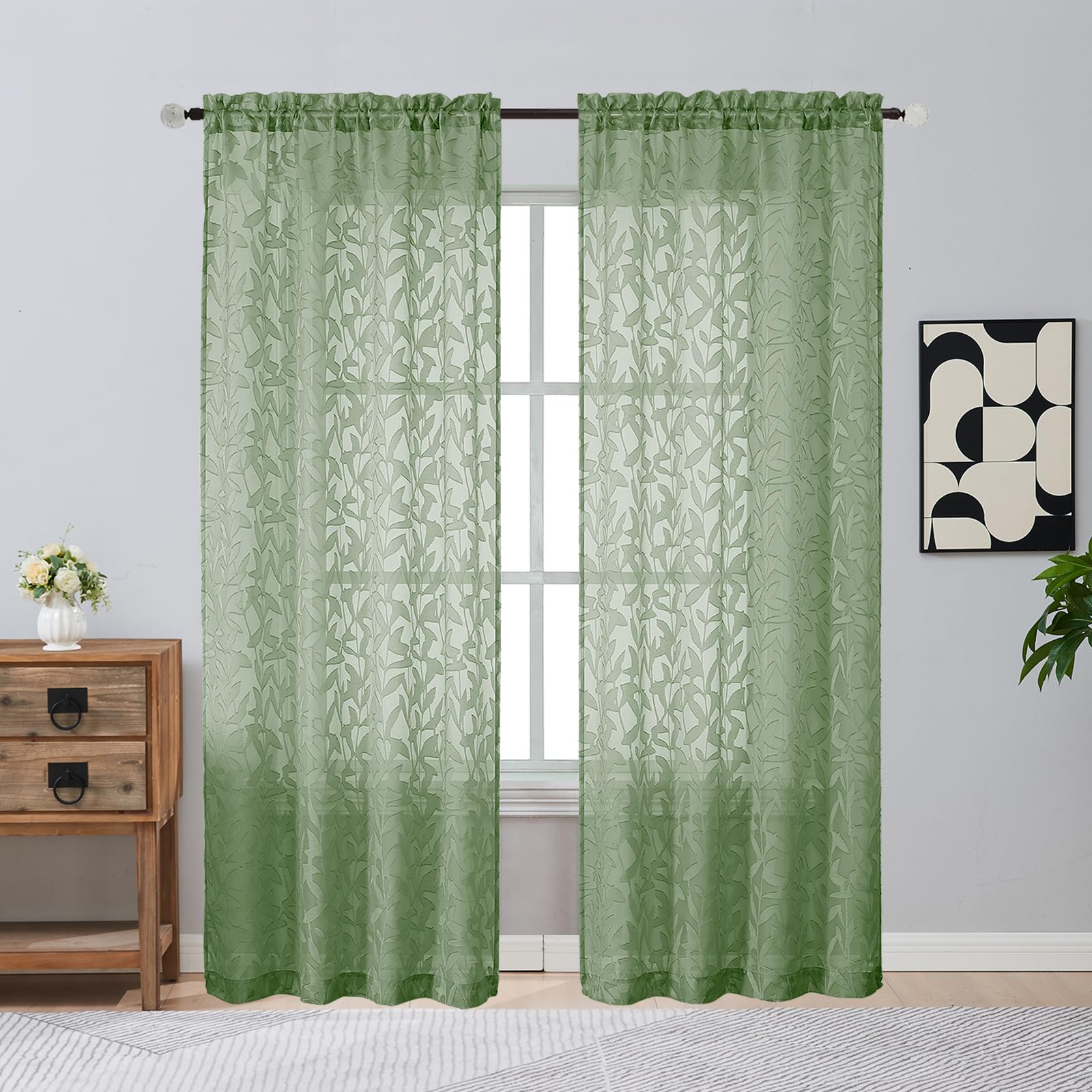 Gwine Sage Green Curtains 84 Inches Long 2 Panels Set, Light Filtering Soft Lightweight Sheer Curtains, Leaf Clip Jacquard Textured Curtain for Bedroom Living Room, 42Wx84L Inches, 2PCS