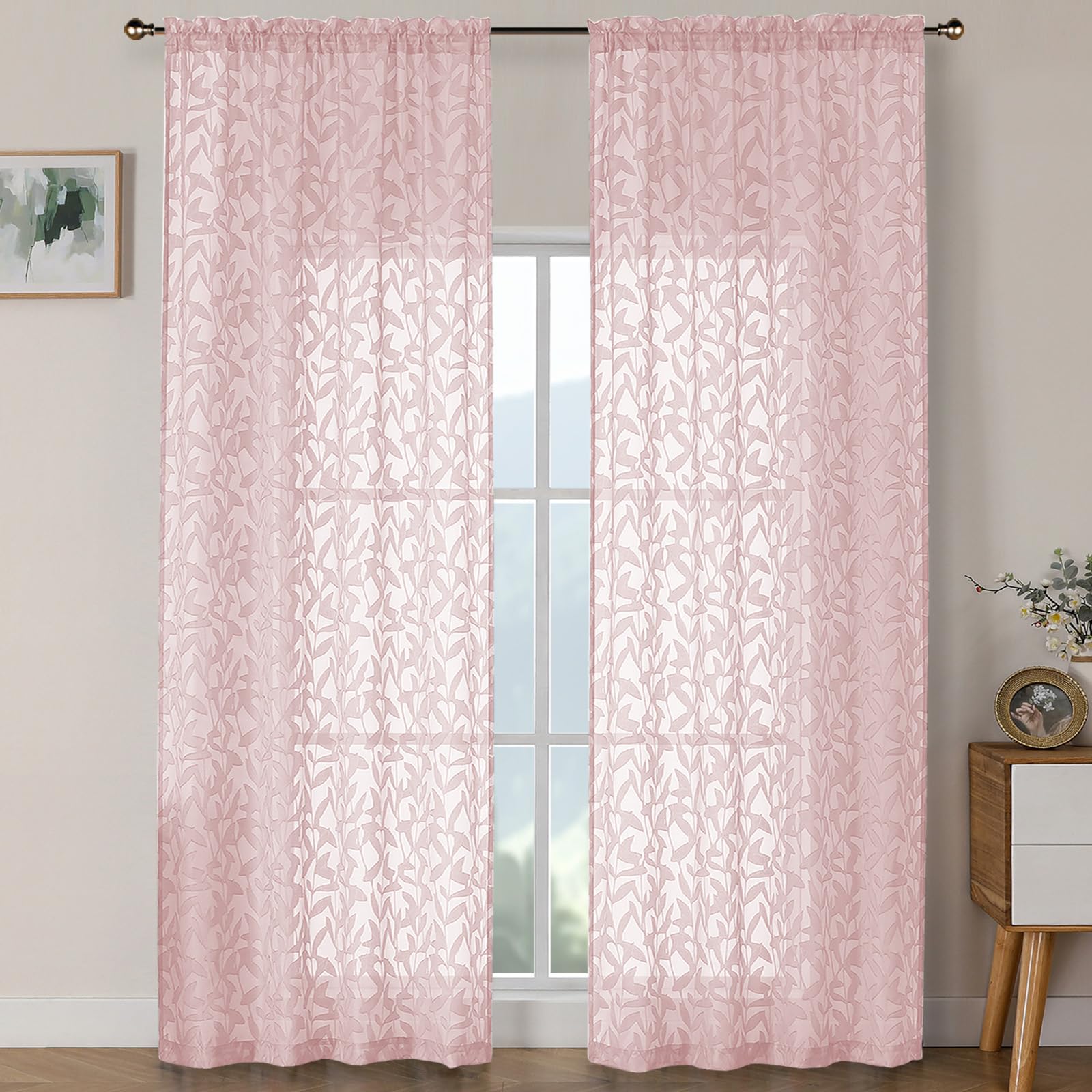OWENIE Leyna 2 Panels Sage Green Sheer Curtains 63 Inch Length for Bedroom, Soft Lightweight Jacquard Clip Window Curtain for Living Room, Double Rod Pockets Textured Drapes, Each 40Wx63L Inches