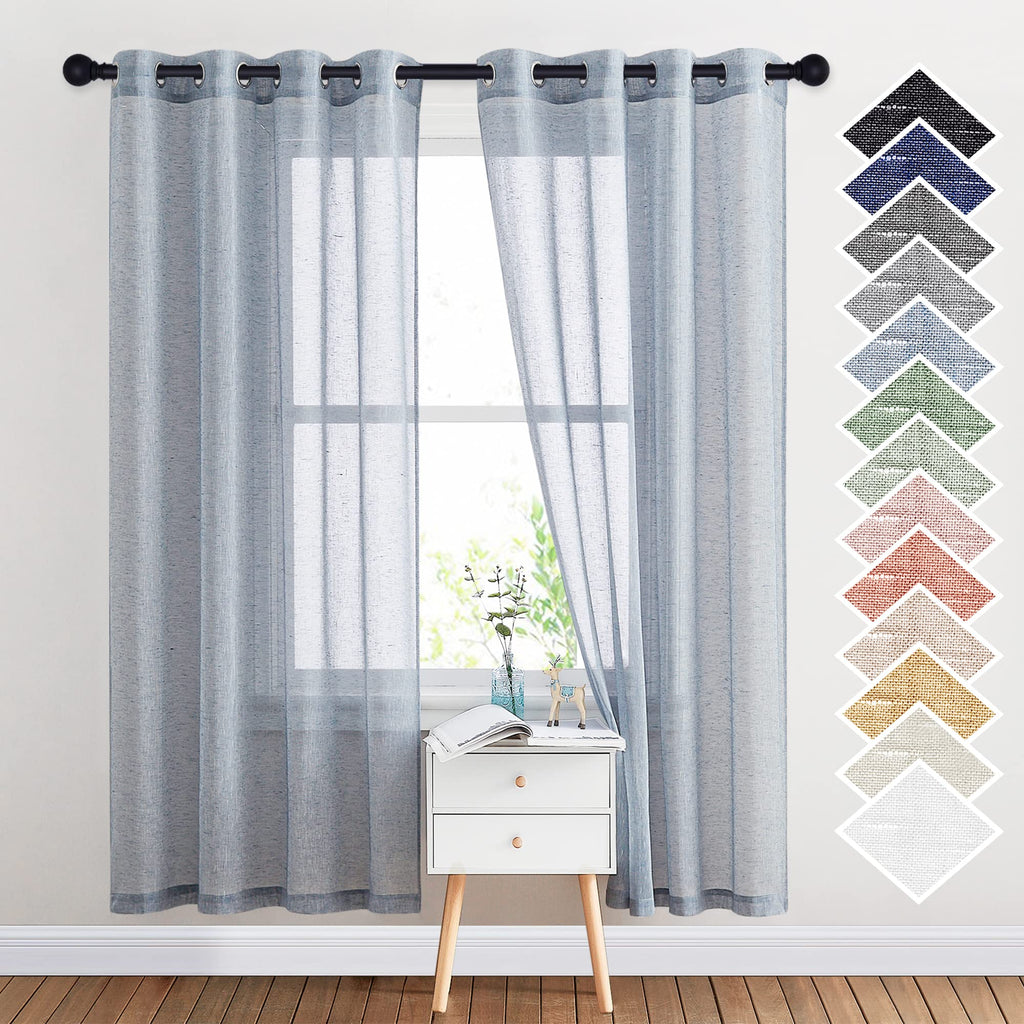NICETOWN Linen Textured Semi Sheer Curtains 84 inches Length, Eyelet Top Bedroom Window Privacy Translucent Light Filtering Flax Sheer Drapes for Guest Room, 52 inches Wide, 2 Panels, Sea Mist