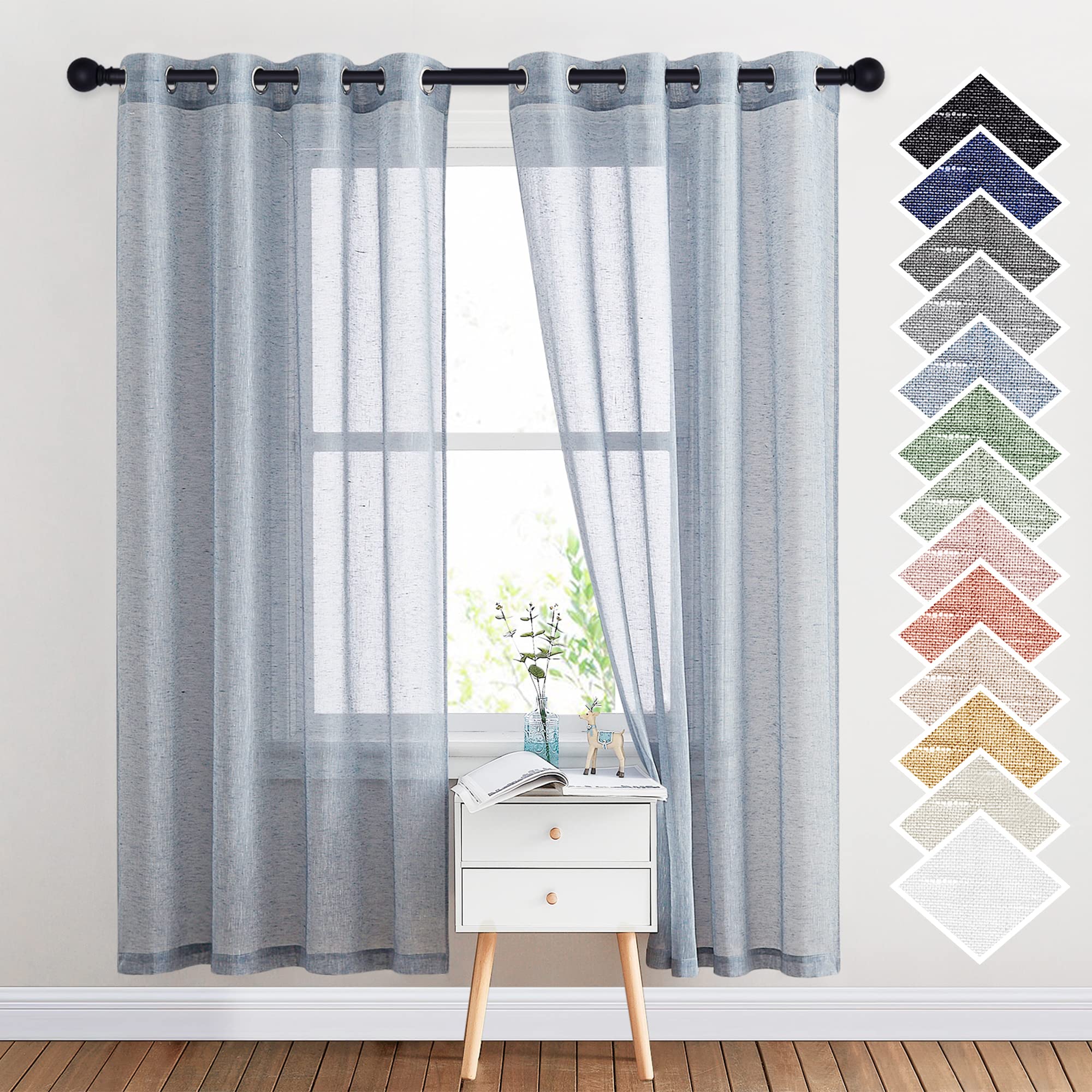 NICETOWN Linen Textured Semi Sheer Curtains 84 inches Length, Eyelet Top Bedroom Window Privacy Translucent Light Filtering Flax Sheer Drapes for Guest Room, 52 inches Wide, 2 Panels, Sea Mist