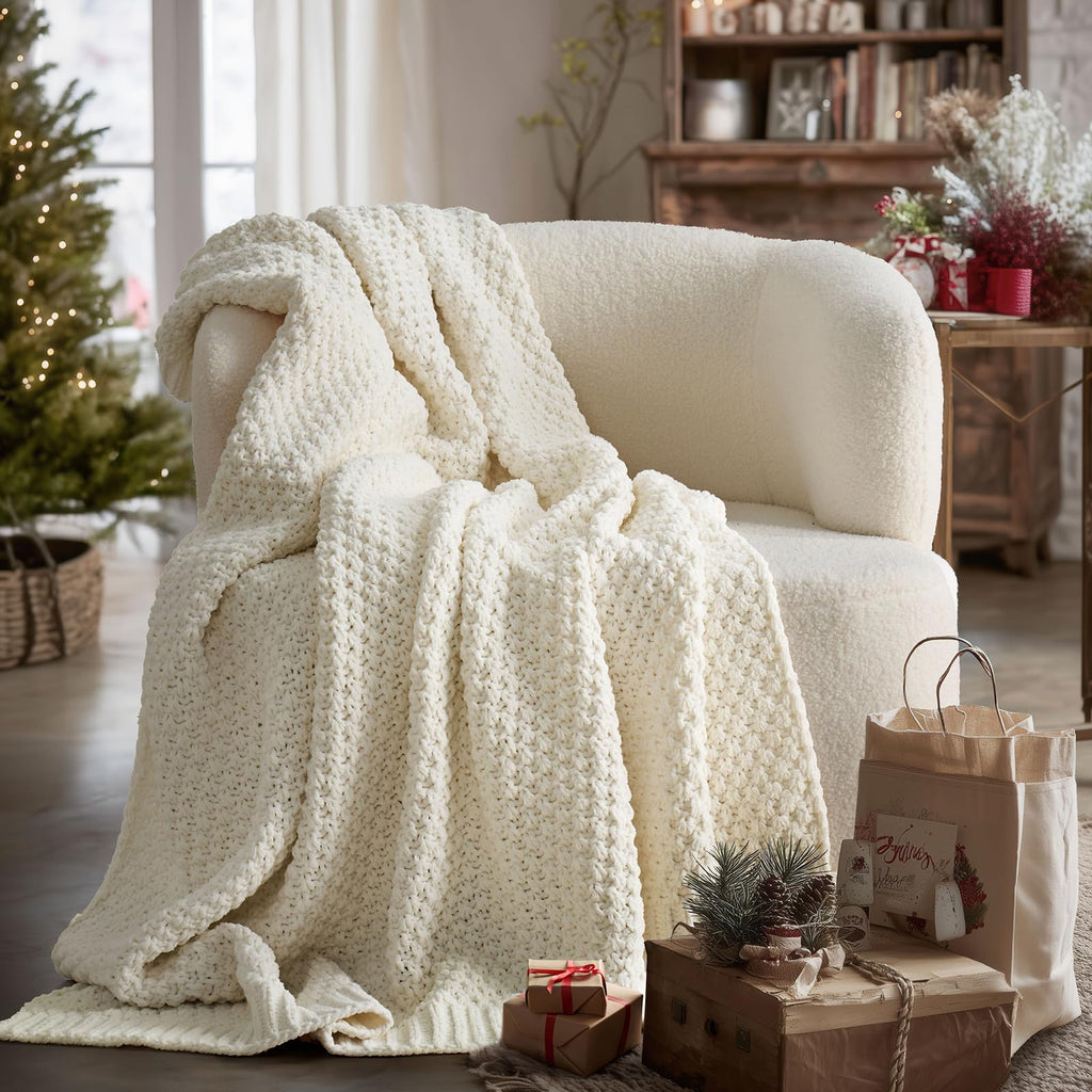 EVERGRACEHOME Chunky Chenille Knit Throw Blanket for Couch, Soft Luxurious Moss Stitch Blankets for Bed, Cozy Decorative Farmhouse Knitted Throws for Sofa, Sand Dune, 60" x 80"
