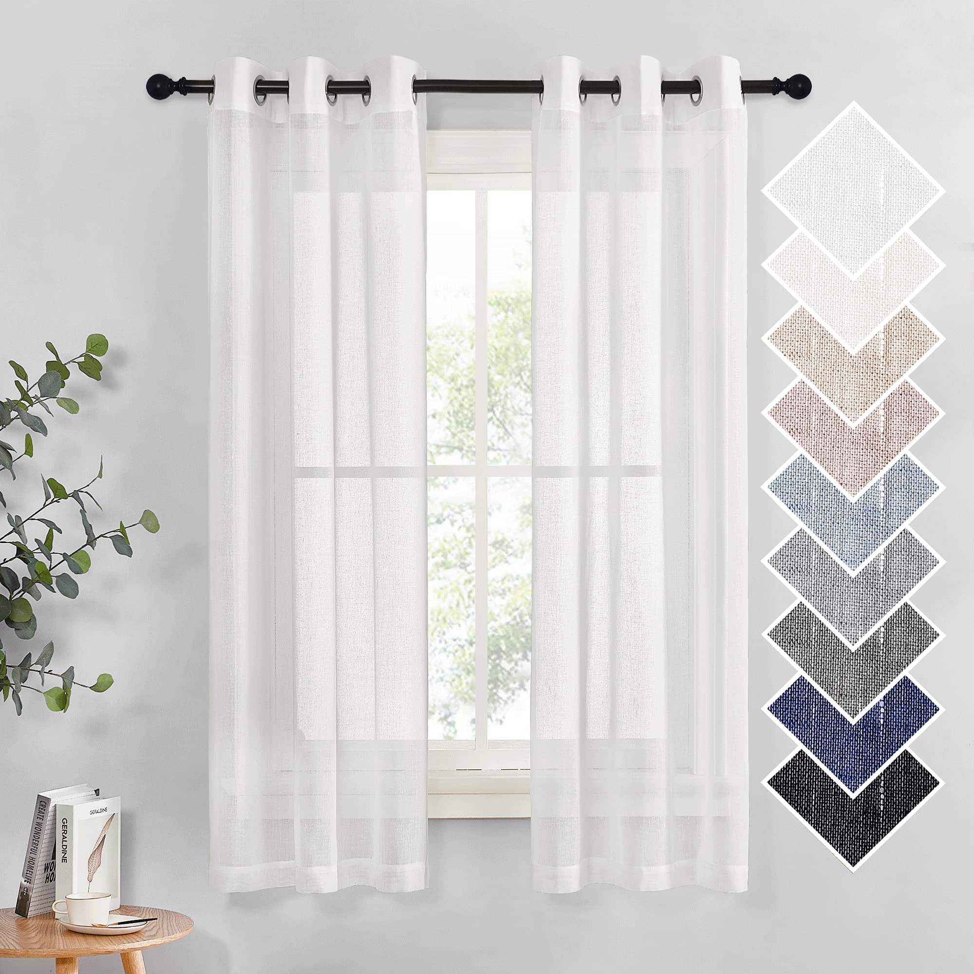 NICETOWN Linen Textured Semi Sheer Curtains 84 inches Length, Eyelet Top Bedroom Window Privacy Translucent Light Filtering Flax Sheer Drapes for Guest Room, 52 inches Wide, 2 Panels, Sea Mist