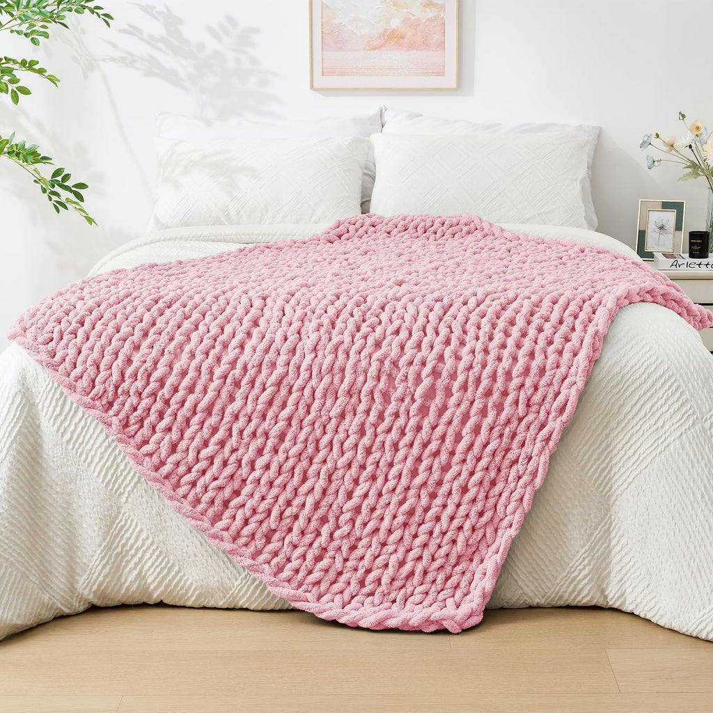 Bigacogo Chunky Knit Throw Blanket for Couch, 40x40 inches, 100% Hand Knitted with Thick Jumbo Chenille Yarn, Cozy Soft Large Rope Knot Cable Crochet Blankets for Sofa Bed Living Room, Dusty Blue