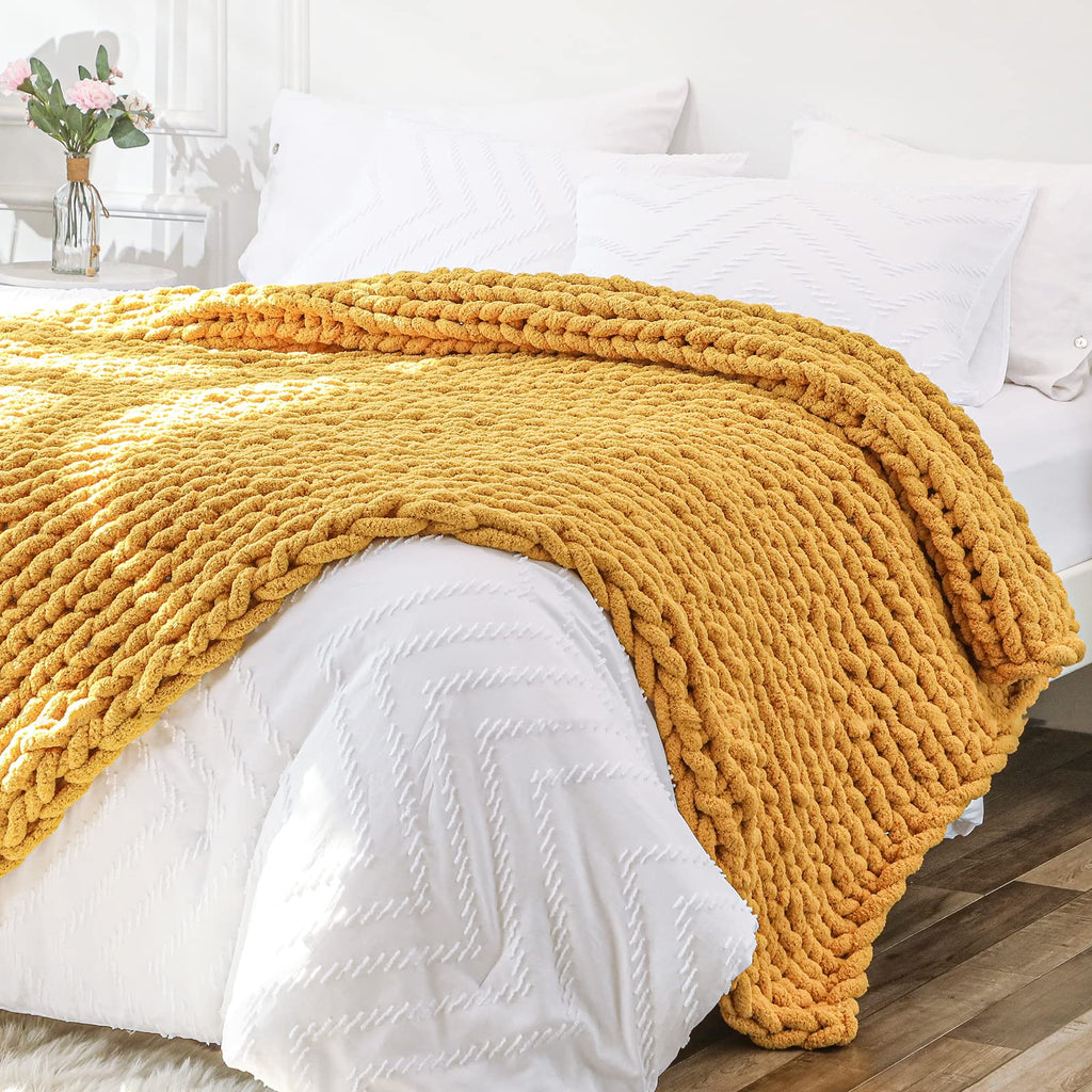 Bigacogo Chunky Knit Throw Blanket for Couch, 40x40 inches, 100% Hand Knitted with Thick Jumbo Chenille Yarn, Cozy Soft Large Rope Knot Cable Crochet Blankets for Sofa Bed Living Room, Dusty Blue