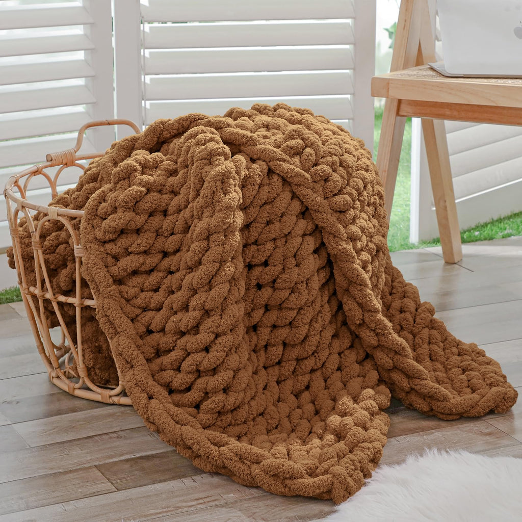 Bigacogo Chunky Knit Throw Blanket for Couch, 40x60 inches, 100% Hand Knitted with Thick Jumbo Chenille Yarn, Cozy Soft Large Rope Knot Cable Crochet Blankets for Sofa Bed Living Room, Beige
