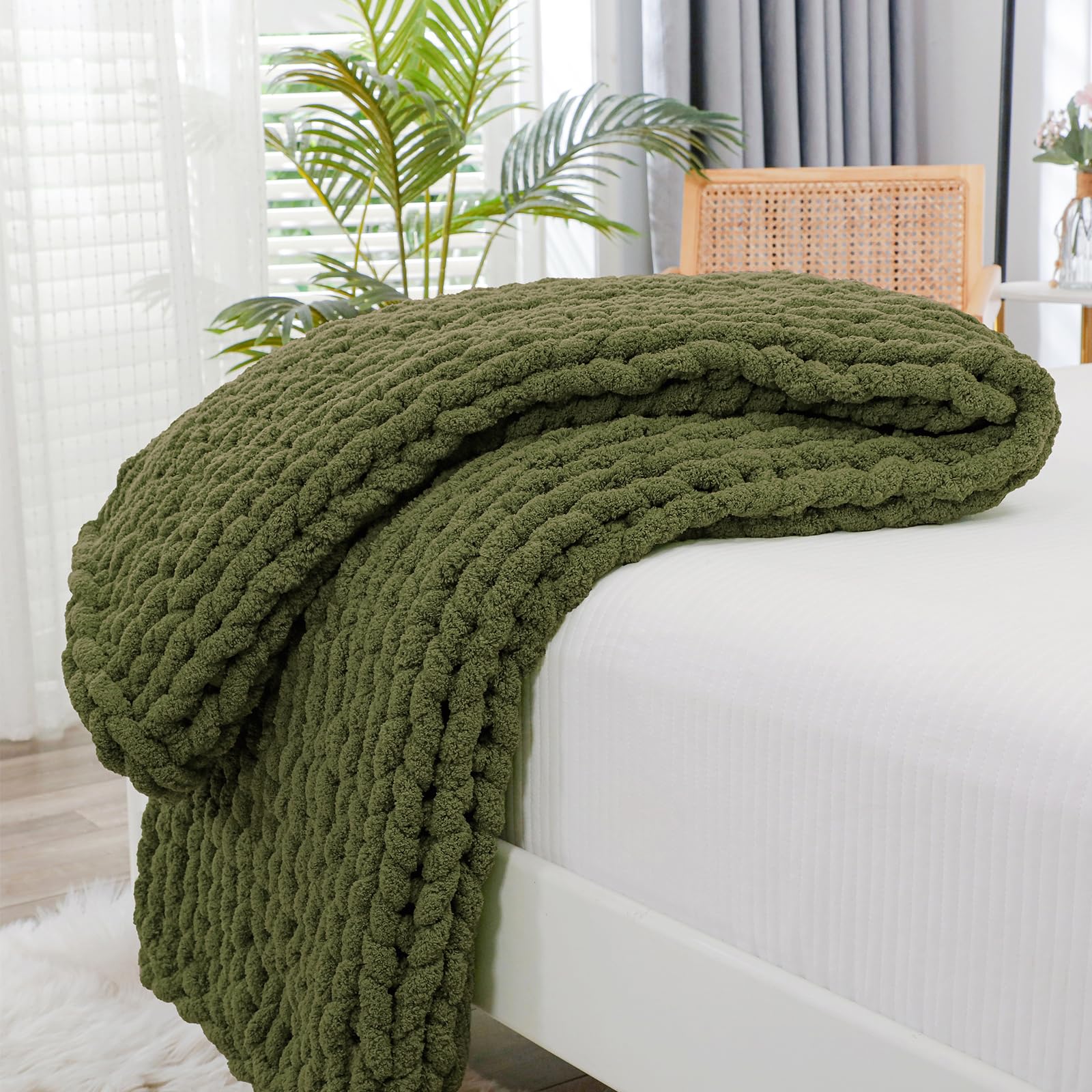 Bigacogo Chunky Knit Throw Blanket for Couch, 40x40 inches, 100% Hand Knitted with Thick Jumbo Chenille Yarn, Cozy Soft Large Rope Knot Cable Crochet Blankets for Sofa Bed Living Room, Dusty Blue