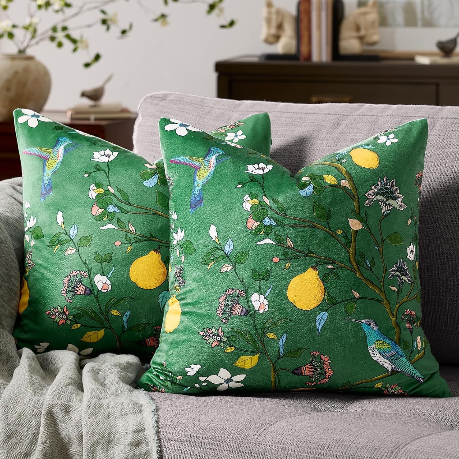 Mustard Yellow Floral Pillow Covers 18x18 Set of 2, Velvet Wild Flower Plant Throw Pillows Case, Square Farmhouse Decor Cushion Covers for Home Sofa Bed Couch