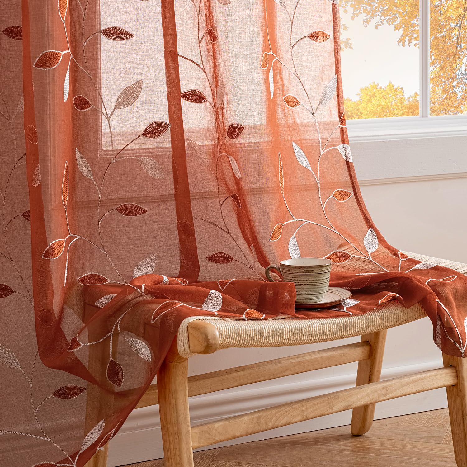 MIULEE Sage Green Sheer Curtains 2 Panels Embroidered Leaf Patterned Rod Pocket Floral Semi Sheer Faux Linen Window Curtains Drapes Set for Living Room Bedroom Dining Room, 52x84 Inches Long