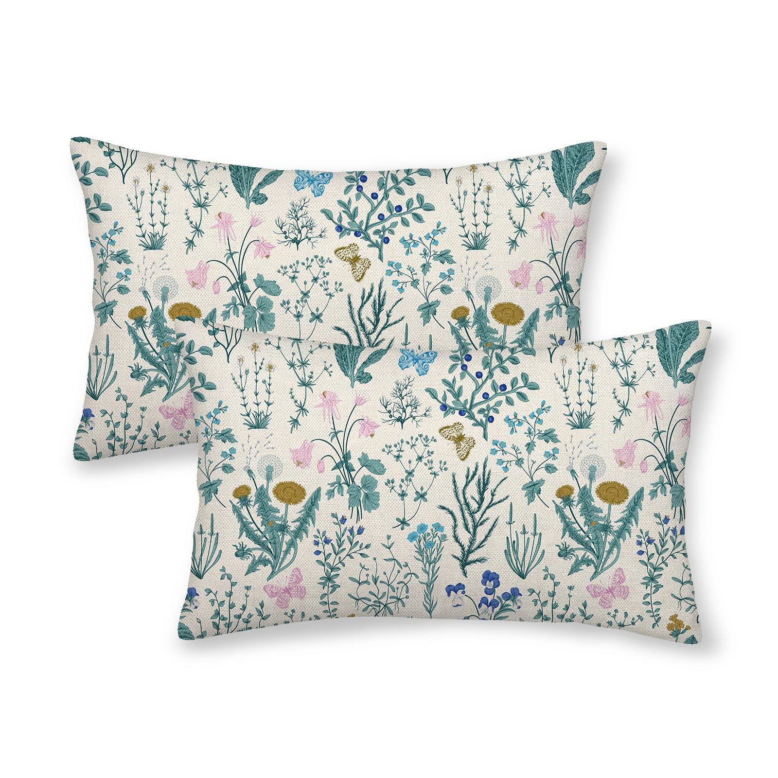 AEIOAE Spring Pillow Covers 18x18 Inch Set of 2,Sage Green Wild Flower Plant Throw Pillows Case,Seasonal Floral Outdoor Decorative Square Linen Farmhouse Decor Cushion Covers for Home Sofa Bed Couch