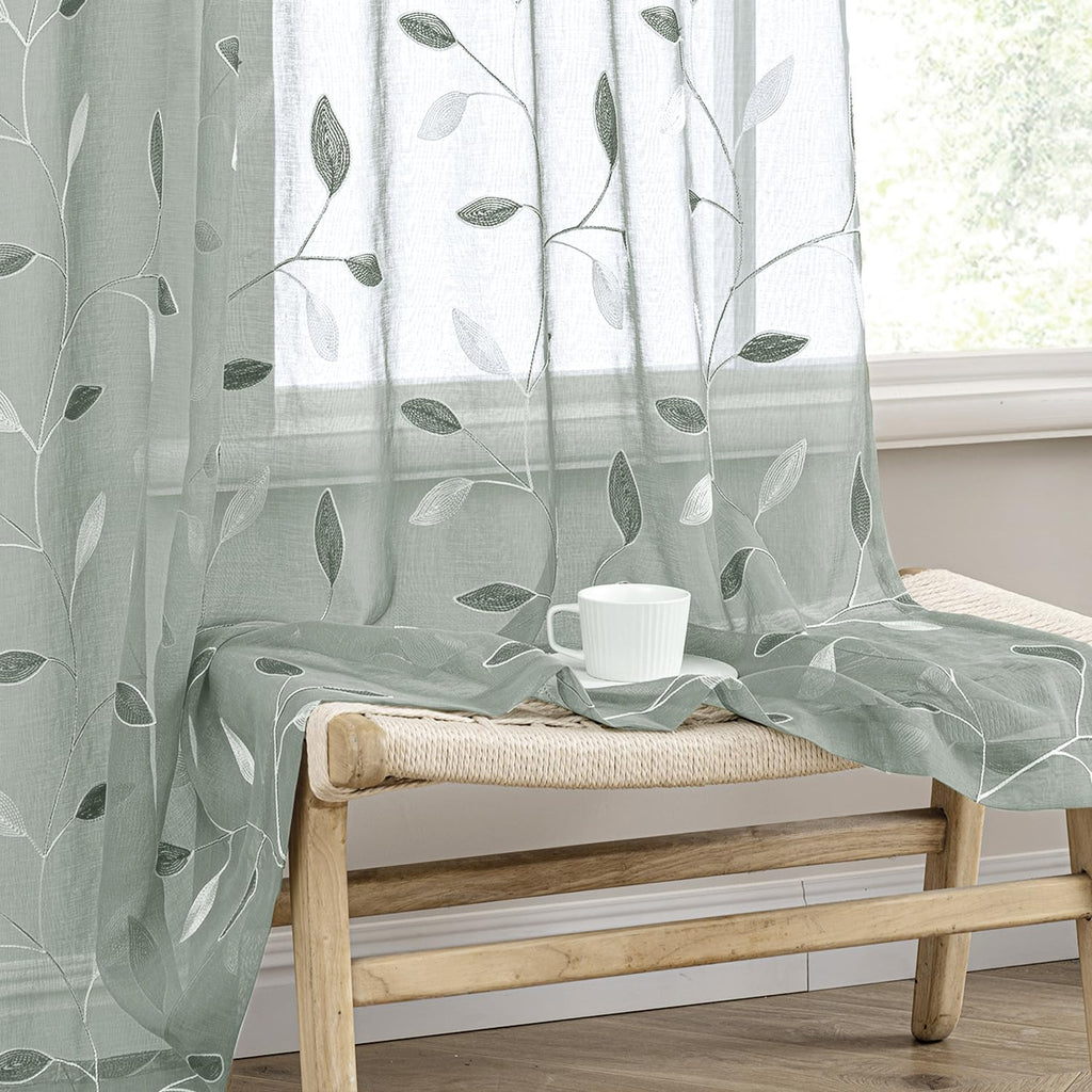 MIULEE Sage Green Sheer Curtains 2 Panels Embroidered Leaf Patterned Rod Pocket Floral Semi Sheer Faux Linen Window Curtains Drapes Set for Living Room Bedroom Dining Room, 52x84 Inches Long