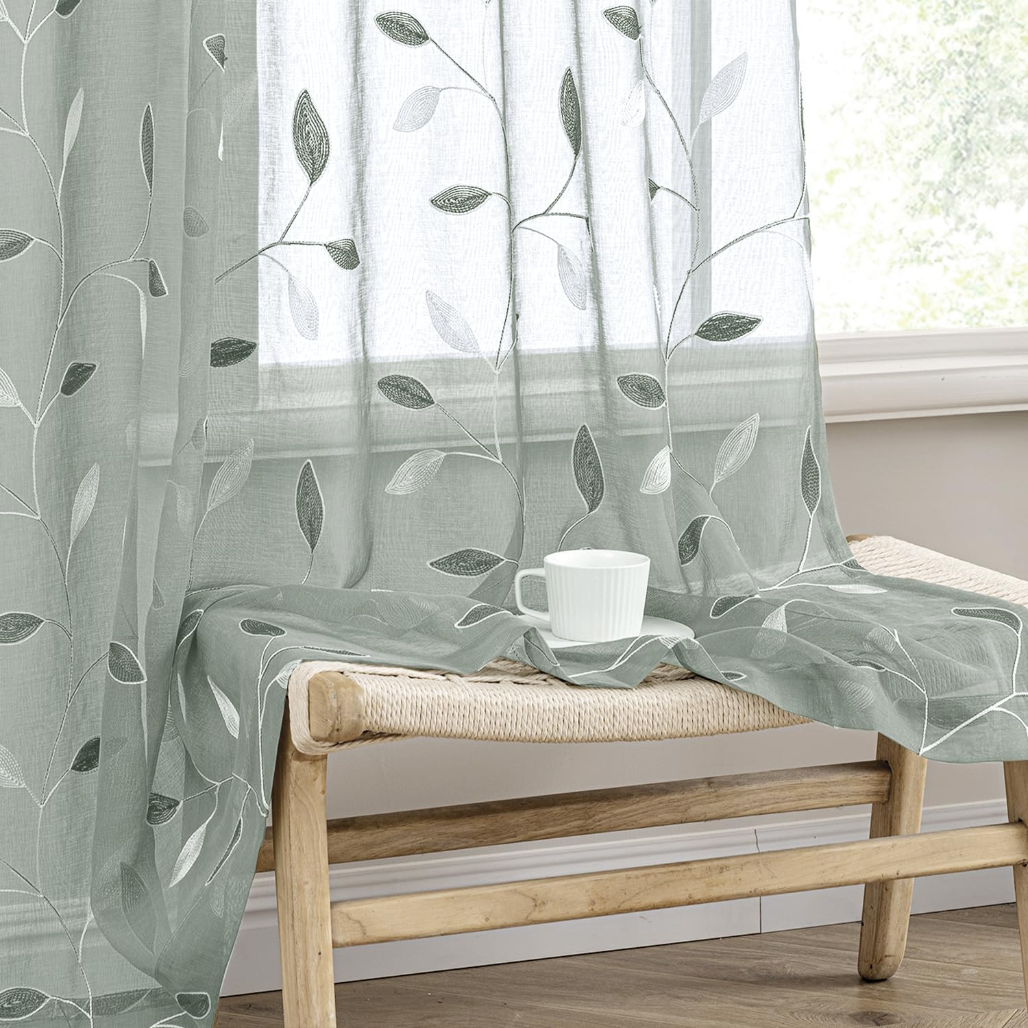 MIULEE Sage Green Sheer Curtains 2 Panels Embroidered Leaf Patterned Rod Pocket Floral Semi Sheer Faux Linen Window Curtains Drapes Set for Living Room Bedroom Dining Room, 52x84 Inches Long