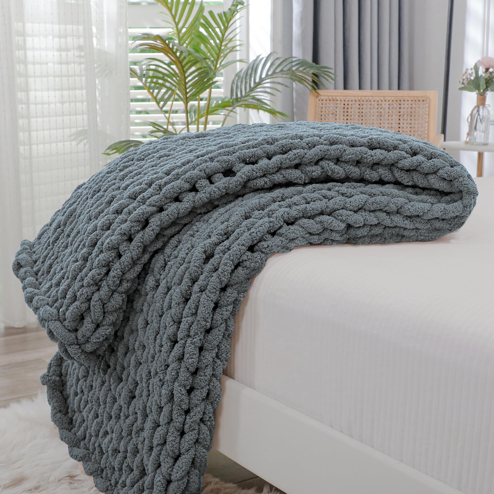 Bigacogo Chunky Knit Throw Blanket for Couch, 40x40 inches, 100% Hand Knitted with Thick Jumbo Chenille Yarn, Cozy Soft Large Rope Knot Cable Crochet Blankets for Sofa Bed Living Room, Dusty Blue
