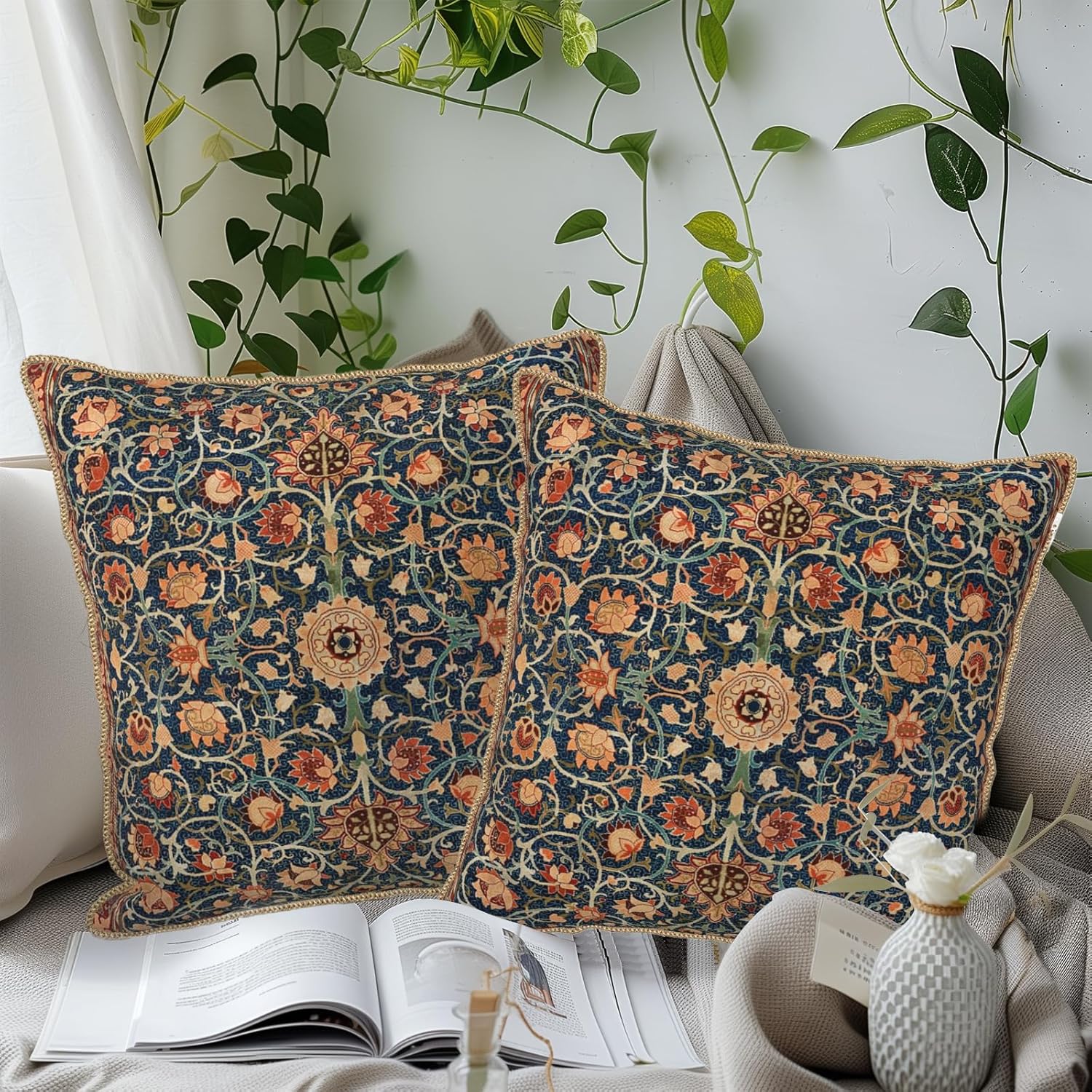 Vintage Floral Soft Velvet Throw Pillow Covers Set of 2 Burnt Orange Navy Flowers Plant Decorative Pillow Covers 18x18 Inch Art Botanical Pillow Case For Sofa Couch Outdoor Farmhouse Home Decor