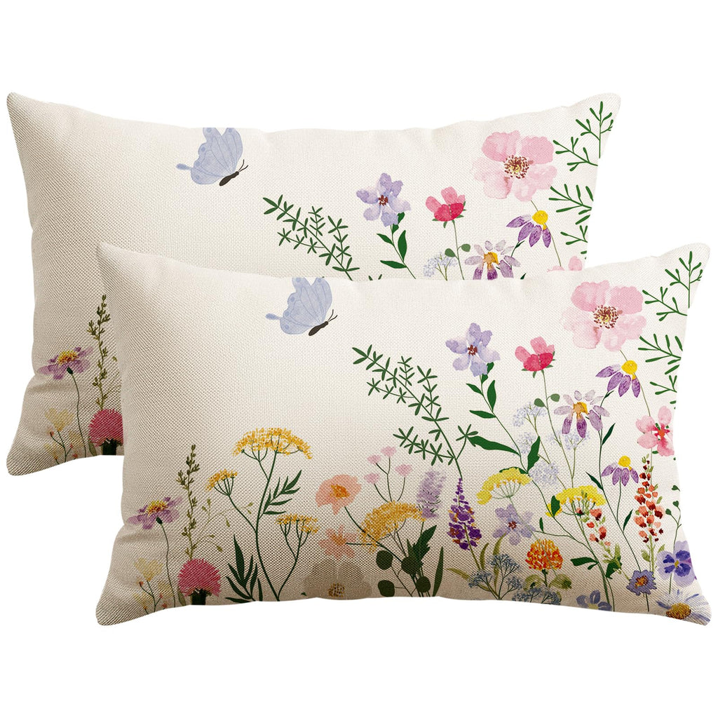 Artscope Spring Summer Floral Throw Pillow Covers 18x18 Inch Set of 2, Farmhouse Flower Butterfly Print Decorative Pillow Cases for Sofa Bed Room Home Decor- Flower A