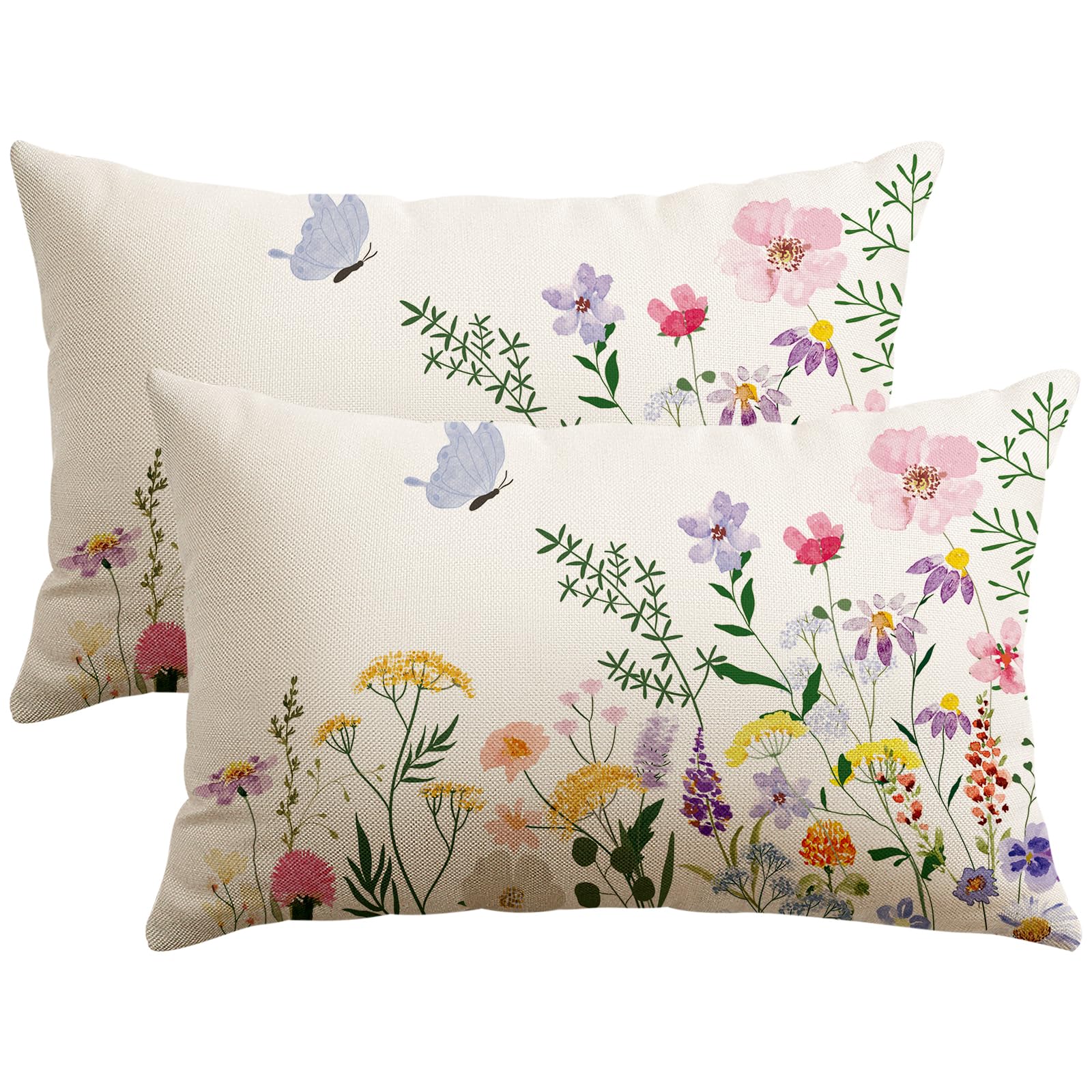 Artscope Spring Summer Floral Throw Pillow Covers 18x18 Inch Set of 2, Farmhouse Flower Butterfly Print Decorative Pillow Cases for Sofa Bed Room Home Decor- Flower A