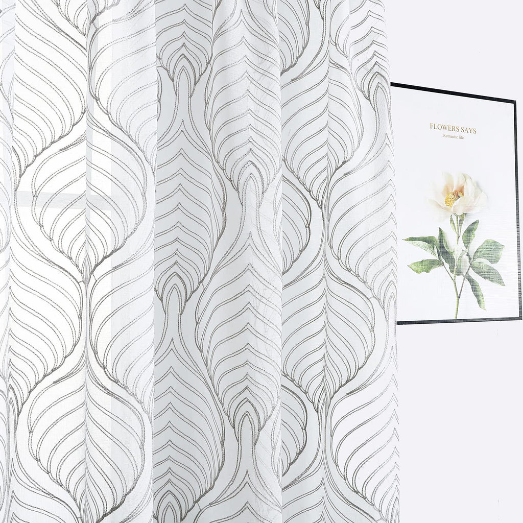 VISIONTEX White Sheer Curtains 84 Inches Long 2 Panels, Light Filtering Grey Moroccan Trellis Embroidered Semi Sheer Voile Drapes, Rod Pocket Textured Window Curtain for Bedroom Living Room 54W x 84L