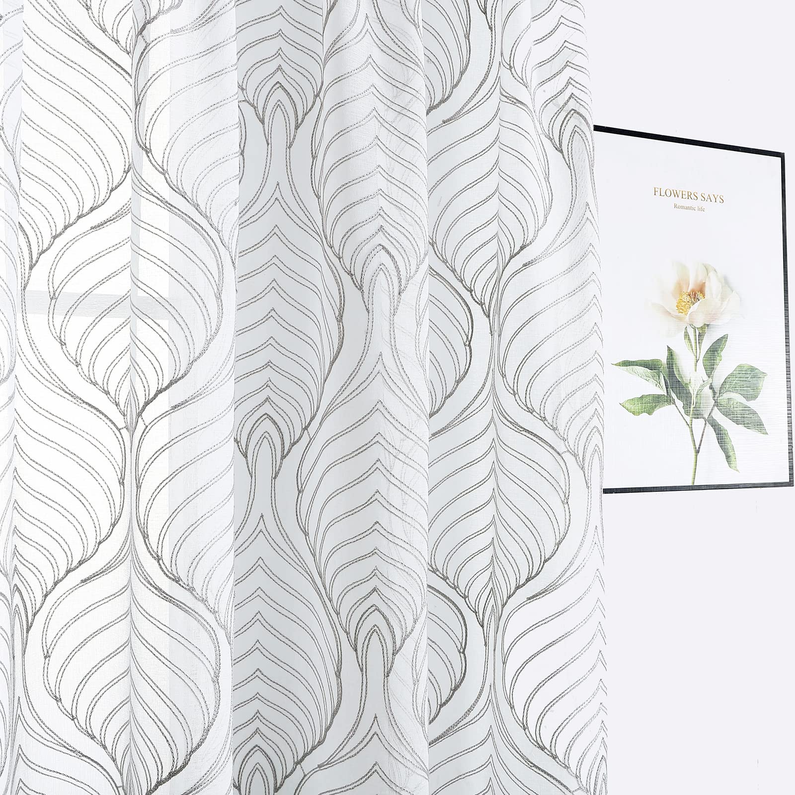 VISIONTEX White Sheer Curtains 84 Inches Long 2 Panels, Light Filtering Grey Moroccan Trellis Embroidered Semi Sheer Voile Drapes, Rod Pocket Textured Window Curtain for Bedroom Living Room 54W x 84L
