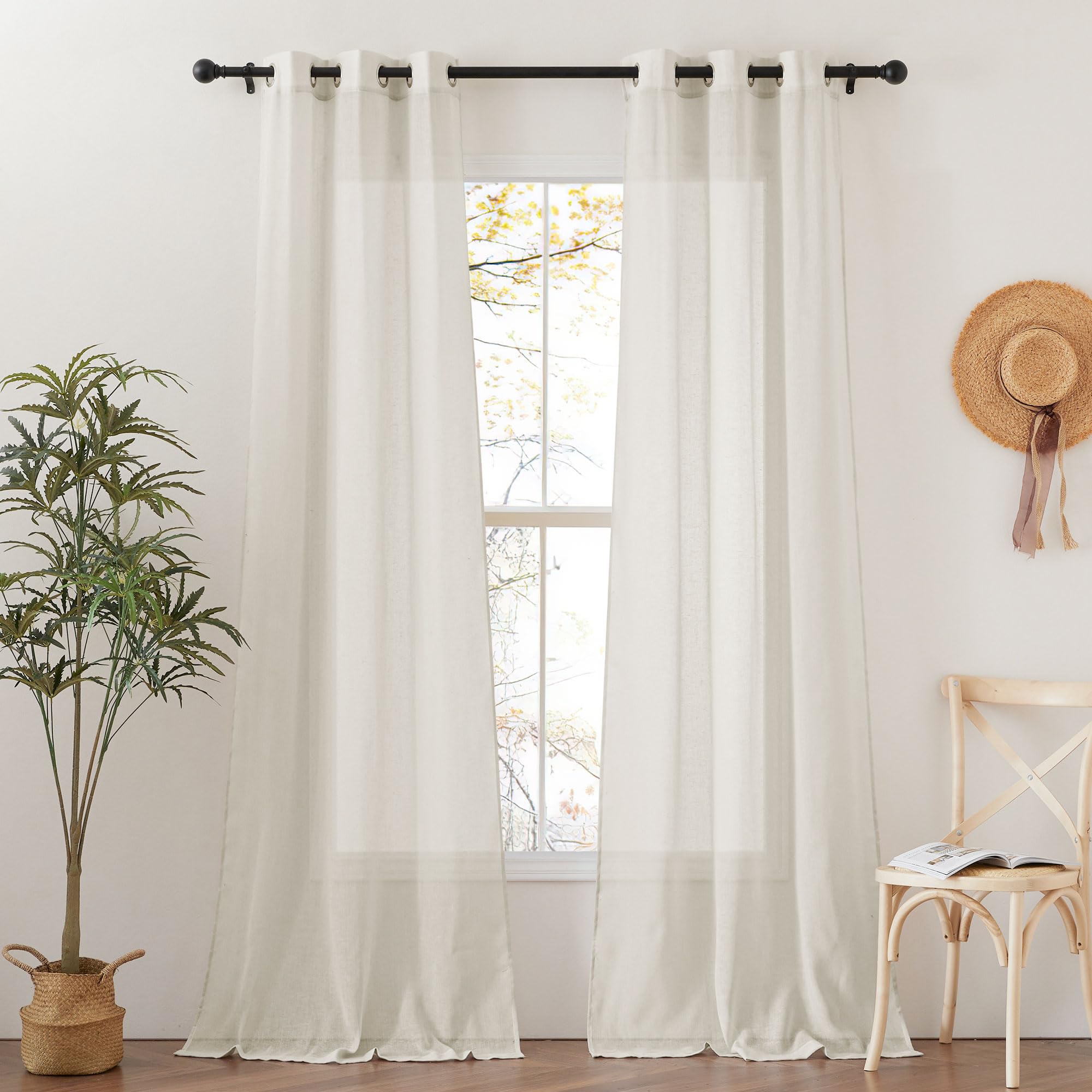 NICETOWN Linen Textured Semi Sheer Curtains 84 inches Length, Eyelet Top Bedroom Window Privacy Translucent Light Filtering Flax Sheer Drapes for Guest Room, 52 inches Wide, 2 Panels, Sea Mist