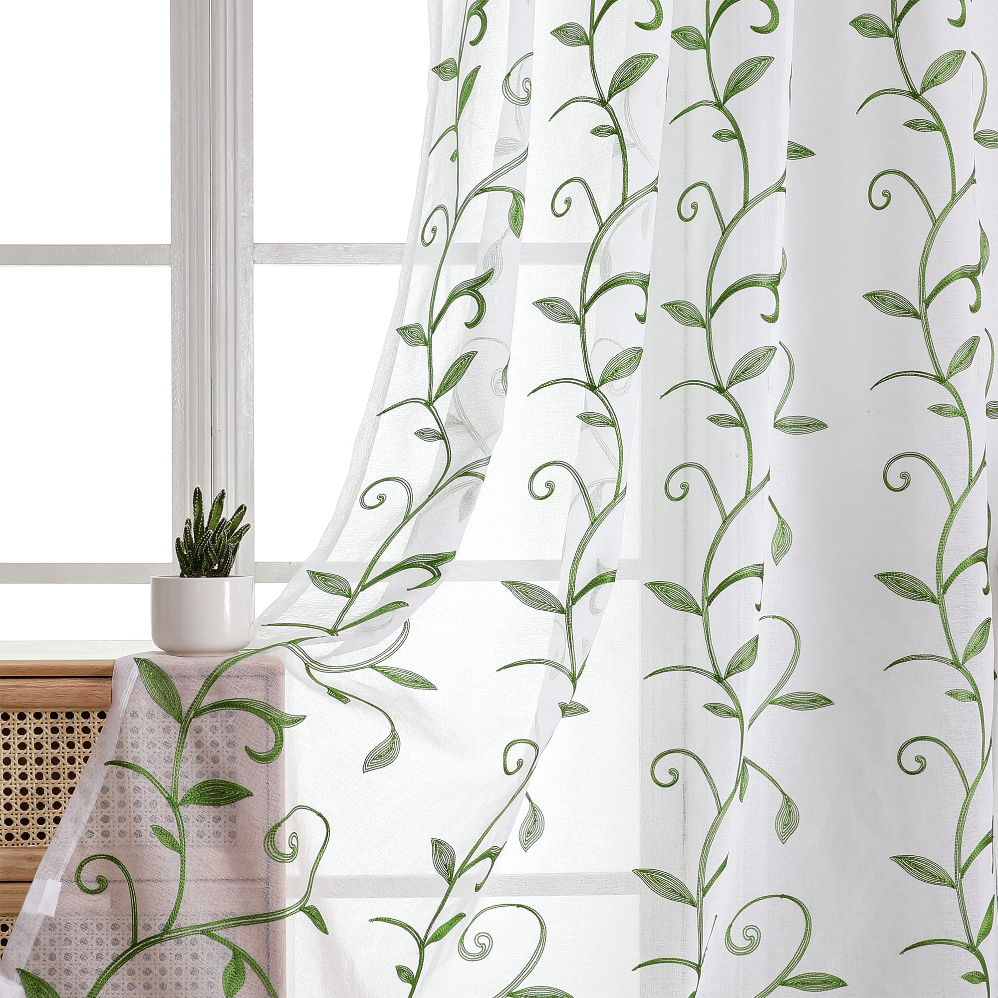 VISIONTEX 2 Panels Sheer Curtains 84 Inches Long, Cream Beige Floral Leaf Embroidered Semi Sheer Voile Curtains, Rod Pocket Light Filtering Window Drapes for Bedroom Living Room 54W x 84L