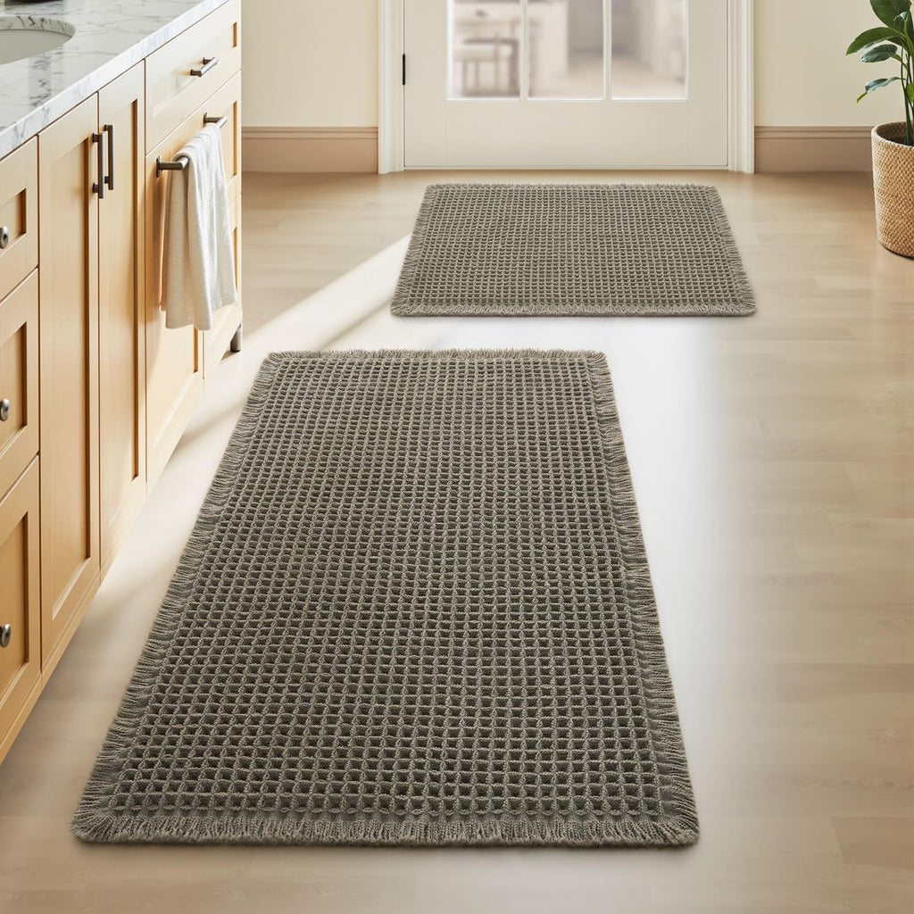 AMOAMI Upgraded Waffle Bath Mat, Super Absorbent Non Slip Bath Mats for Bathroom Floor, Machine Washable Bathroom Rugs with Tassels, Rubber Backed Bathroom Mats, Ultra Soft, 17" x 24", Brown