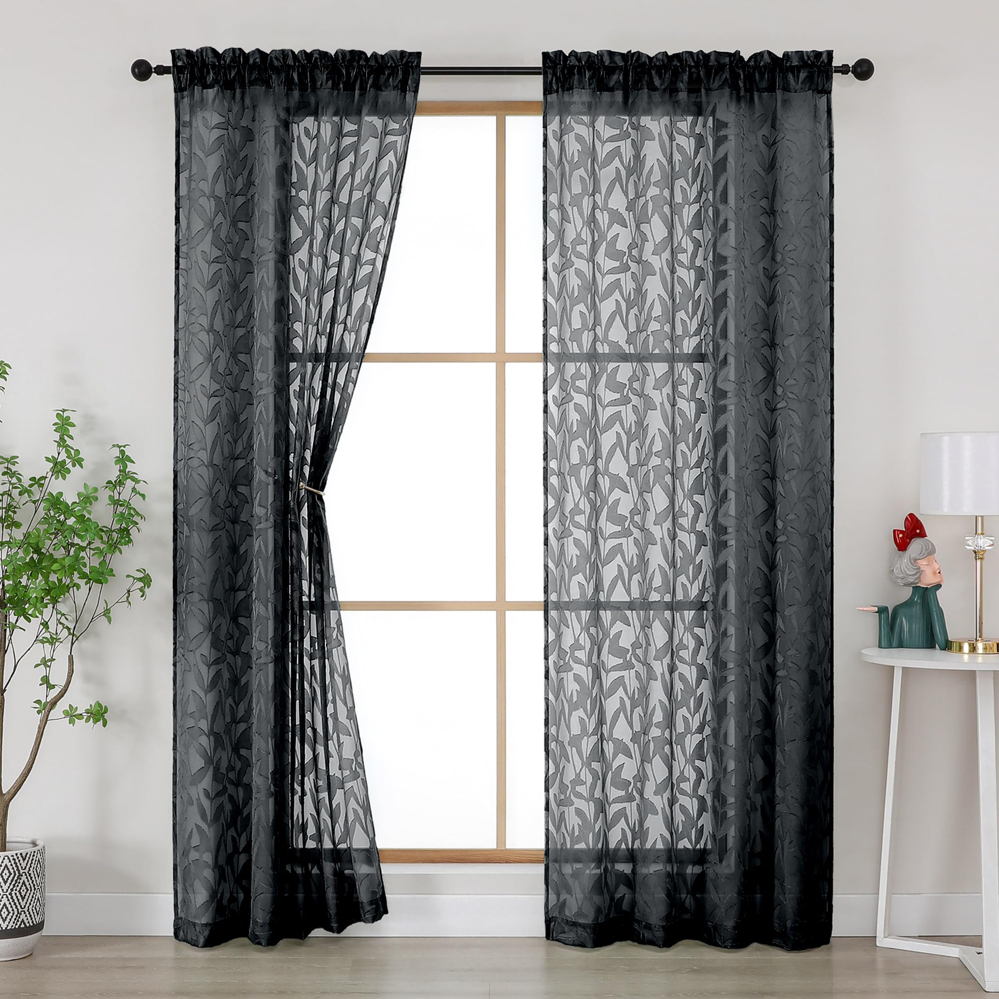 Gwine Sage Green Curtains 84 Inches Long 2 Panels Set, Light Filtering Soft Lightweight Sheer Curtains, Leaf Clip Jacquard Textured Curtain for Bedroom Living Room, 42Wx84L Inches, 2PCS