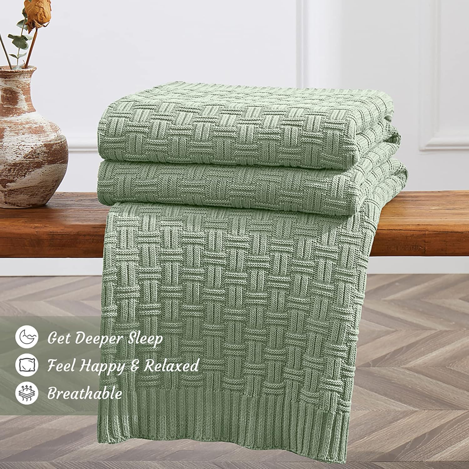 TREELY 100% Cotton Knitted Throw Blanket Couch Cover Blanket(60 x 80 Inches, Light Sage Green)