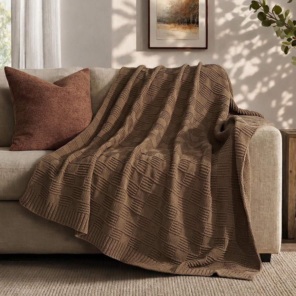 EVERGRACEHOME Chunky Chenille Knit Throw Blanket for Couch, Soft Luxurious Moss Stitch Blankets for Bed, Cozy Decorative Farmhouse Knitted Throws for Sofa, Sand Dune, 60" x 80"