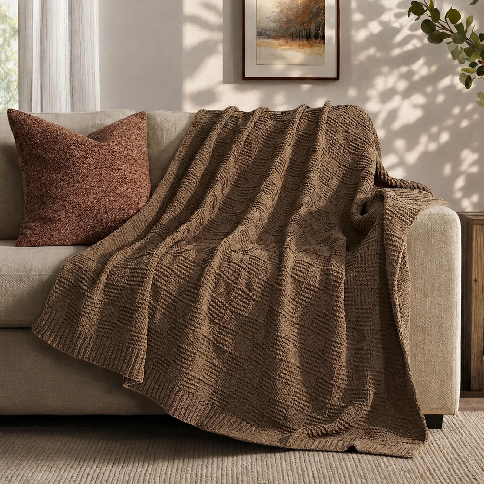 EVERGRACEHOME Chunky Chenille Knit Throw Blanket for Couch, Soft Luxurious Moss Stitch Blankets for Bed, Cozy Decorative Farmhouse Knitted Throws for Sofa, Sand Dune, 60" x 80"
