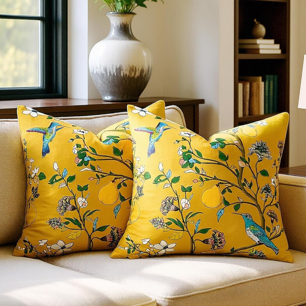 Mustard Yellow Floral Pillow Covers 18x18 Set of 2, Velvet Wild Flower Plant Throw Pillows Case, Square Farmhouse Decor Cushion Covers for Home Sofa Bed Couch