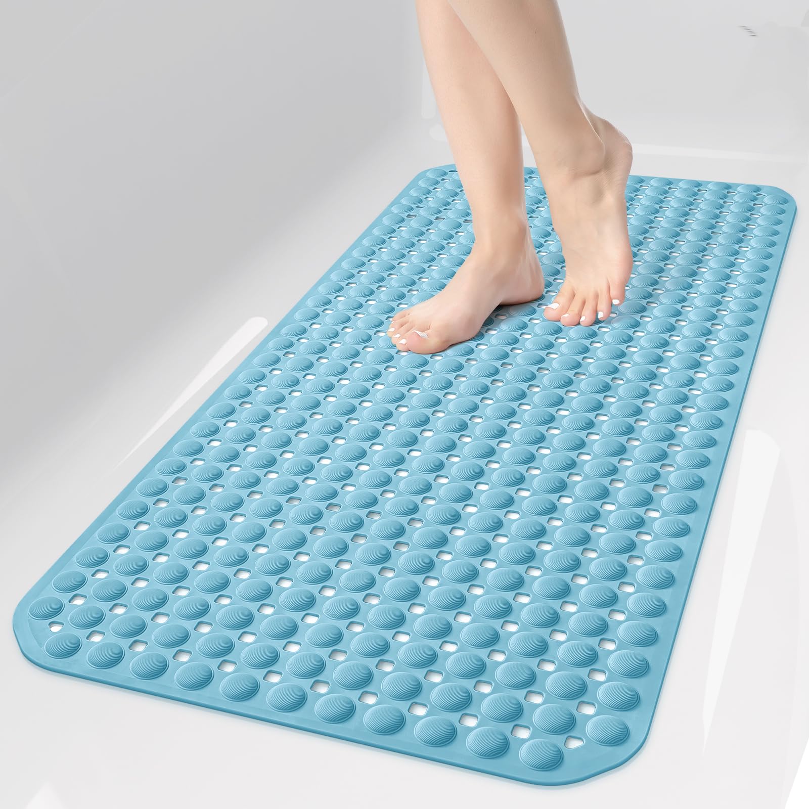 35x16 Inch Grey Non Slip Bathtub Shower Mat with Suction Cups Drain Holes Foot Scrubber Machine Washable Bathroom Floor Liner