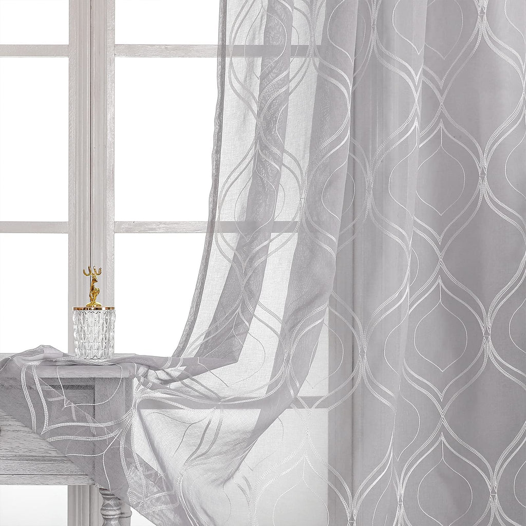 VISIONTEX White Sheer Curtains 84 Inches Long 2 Panels, Light Filtering Grey Moroccan Trellis Embroidered Semi Sheer Voile Drapes, Rod Pocket Textured Window Curtain for Bedroom Living Room 54W x 84L
