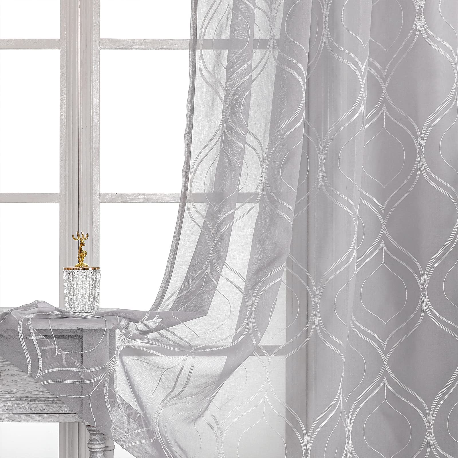 VISIONTEX White Sheer Curtains 84 Inches Long 2 Panels, Light Filtering Grey Moroccan Trellis Embroidered Semi Sheer Voile Drapes, Rod Pocket Textured Window Curtain for Bedroom Living Room 54W x 84L