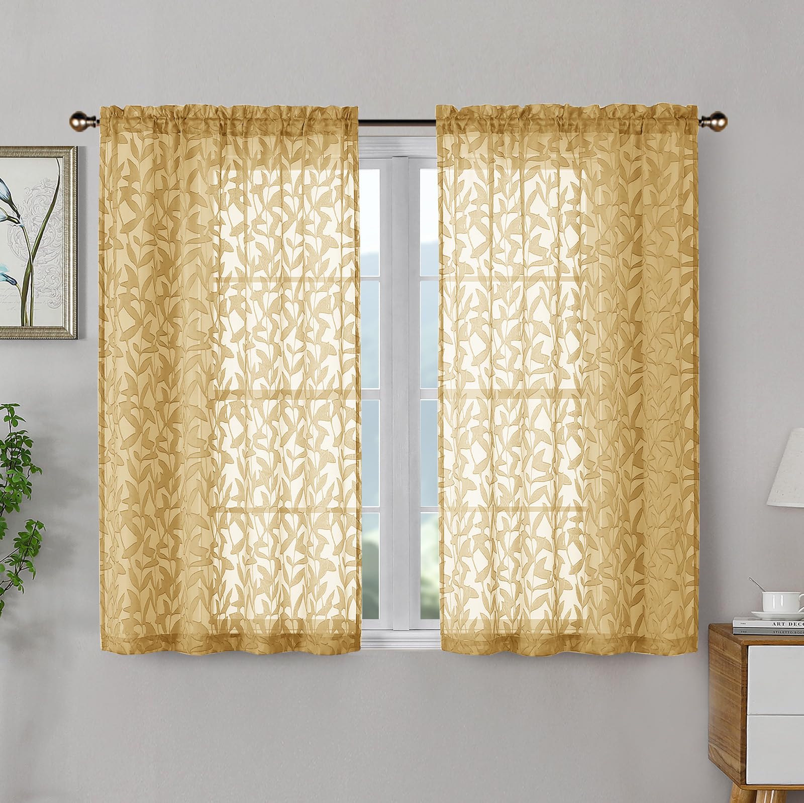 OWENIE Leyna 2 Panels Sage Green Sheer Curtains 63 Inch Length for Bedroom, Soft Lightweight Jacquard Clip Window Curtain for Living Room, Double Rod Pockets Textured Drapes, Each 40Wx63L Inches