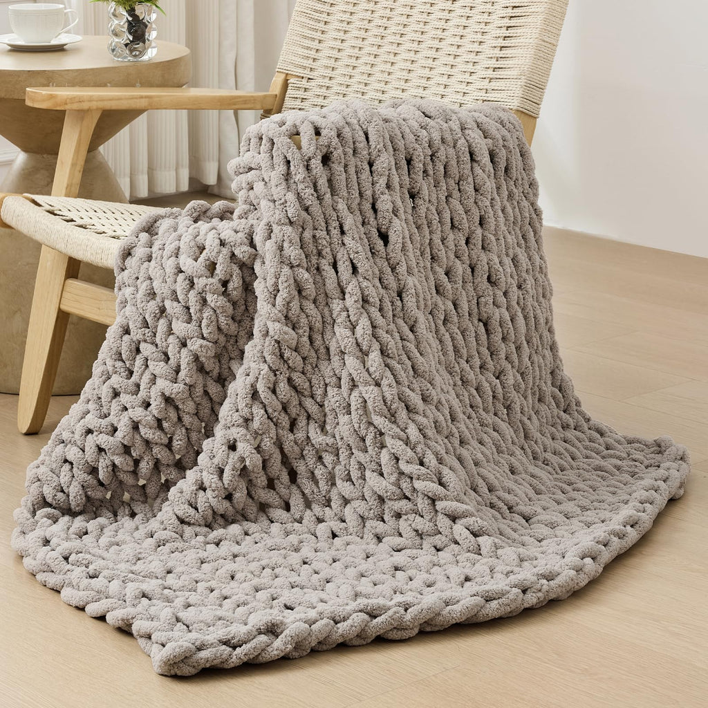 Bigacogo Chunky Knit Throw Blanket for Couch, 40x60 inches, 100% Hand Knitted with Thick Jumbo Chenille Yarn, Cozy Soft Large Rope Knot Cable Crochet Blankets for Sofa Bed Living Room, Beige