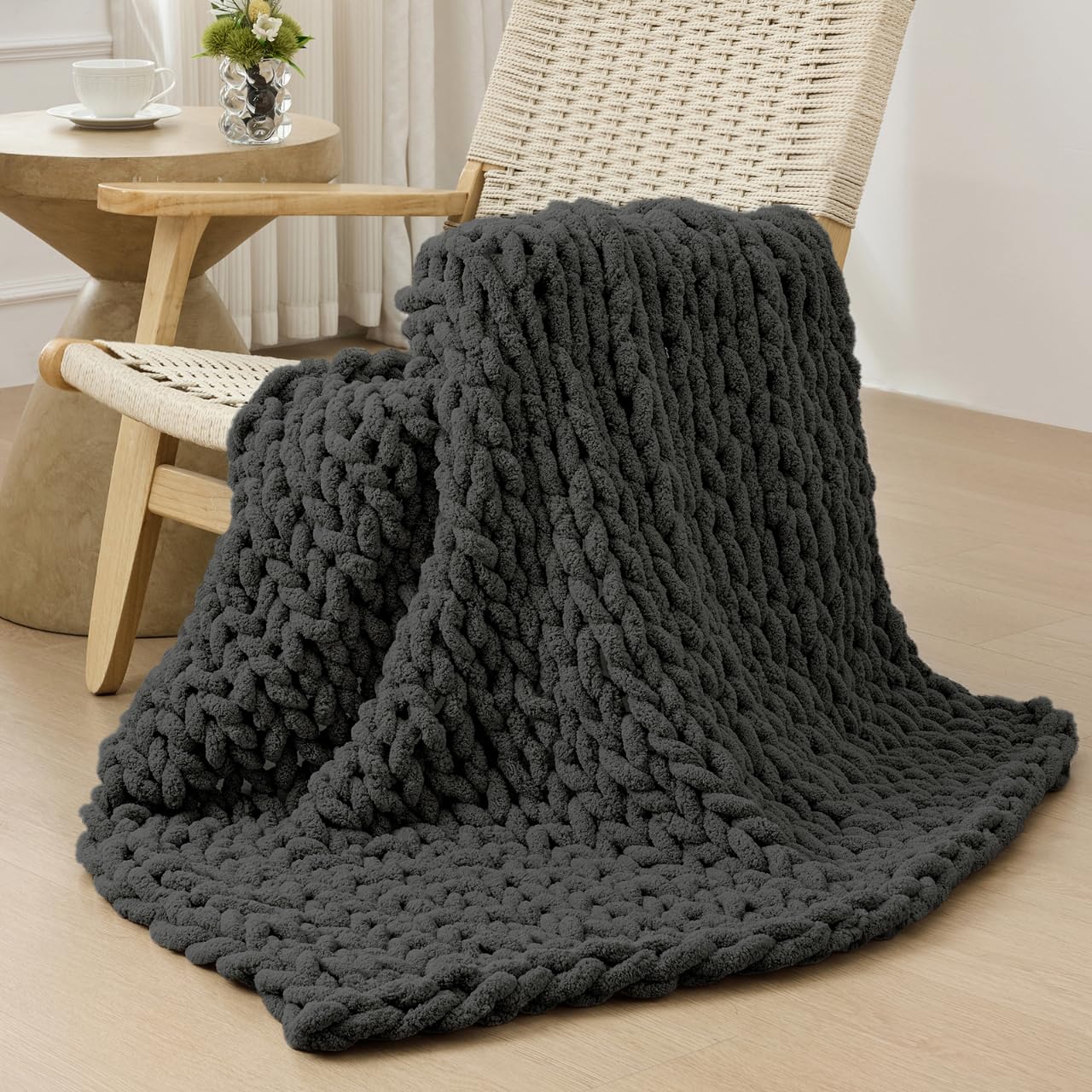 Bigacogo Chunky Knit Throw Blanket for Couch, 40x40 inches, 100% Hand Knitted with Thick Jumbo Chenille Yarn, Cozy Soft Large Rope Knot Cable Crochet Blankets for Sofa Bed Living Room, Dusty Blue
