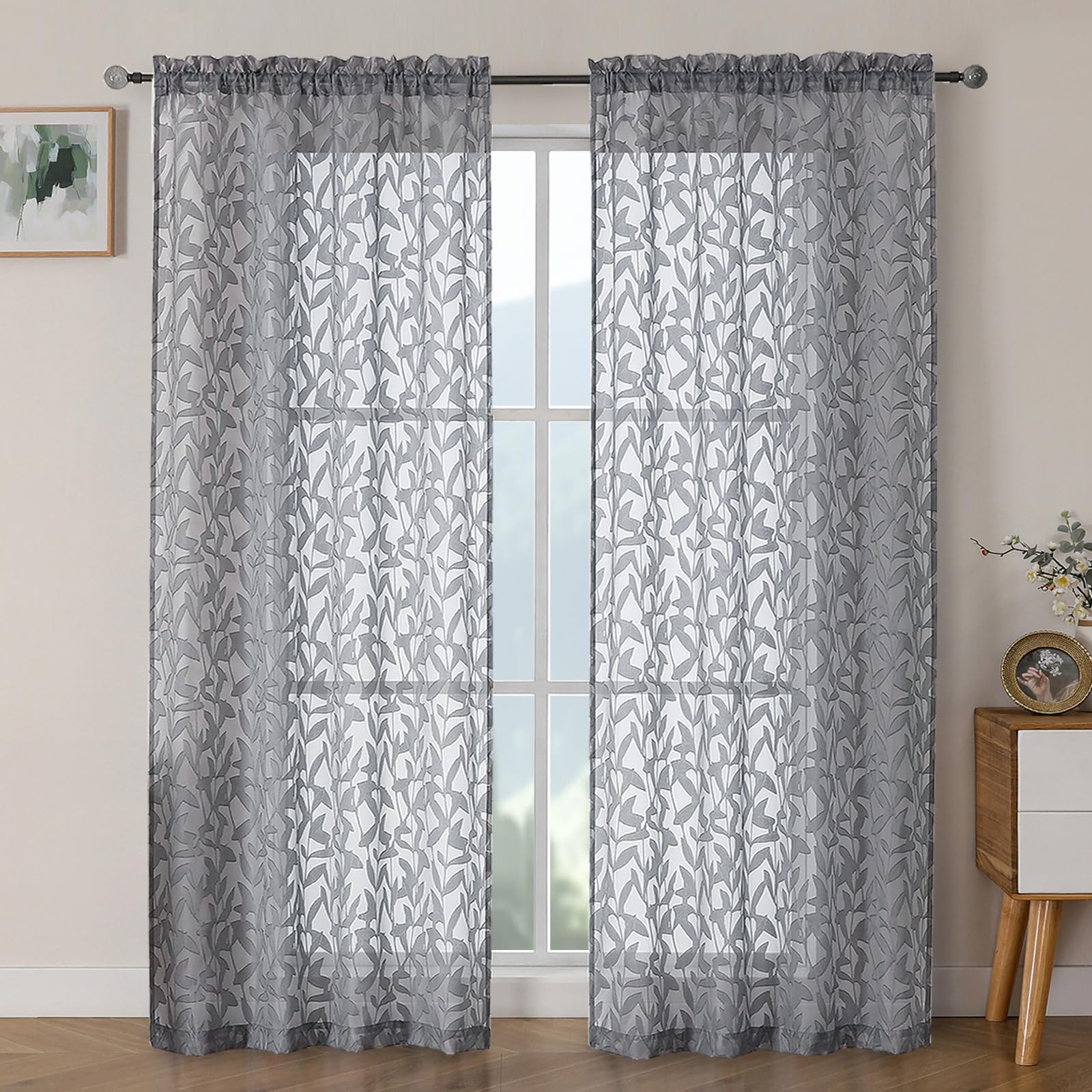 OWENIE Leyna 2 Panels Sage Green Sheer Curtains 63 Inch Length for Bedroom, Soft Lightweight Jacquard Clip Window Curtain for Living Room, Double Rod Pockets Textured Drapes, Each 40Wx63L Inches