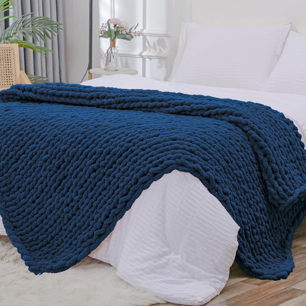 Bigacogo Chunky Knit Throw Blanket for Couch, 40x40 inches, 100% Hand Knitted with Thick Jumbo Chenille Yarn, Cozy Soft Large Rope Knot Cable Crochet Blankets for Sofa Bed Living Room, Dusty Blue